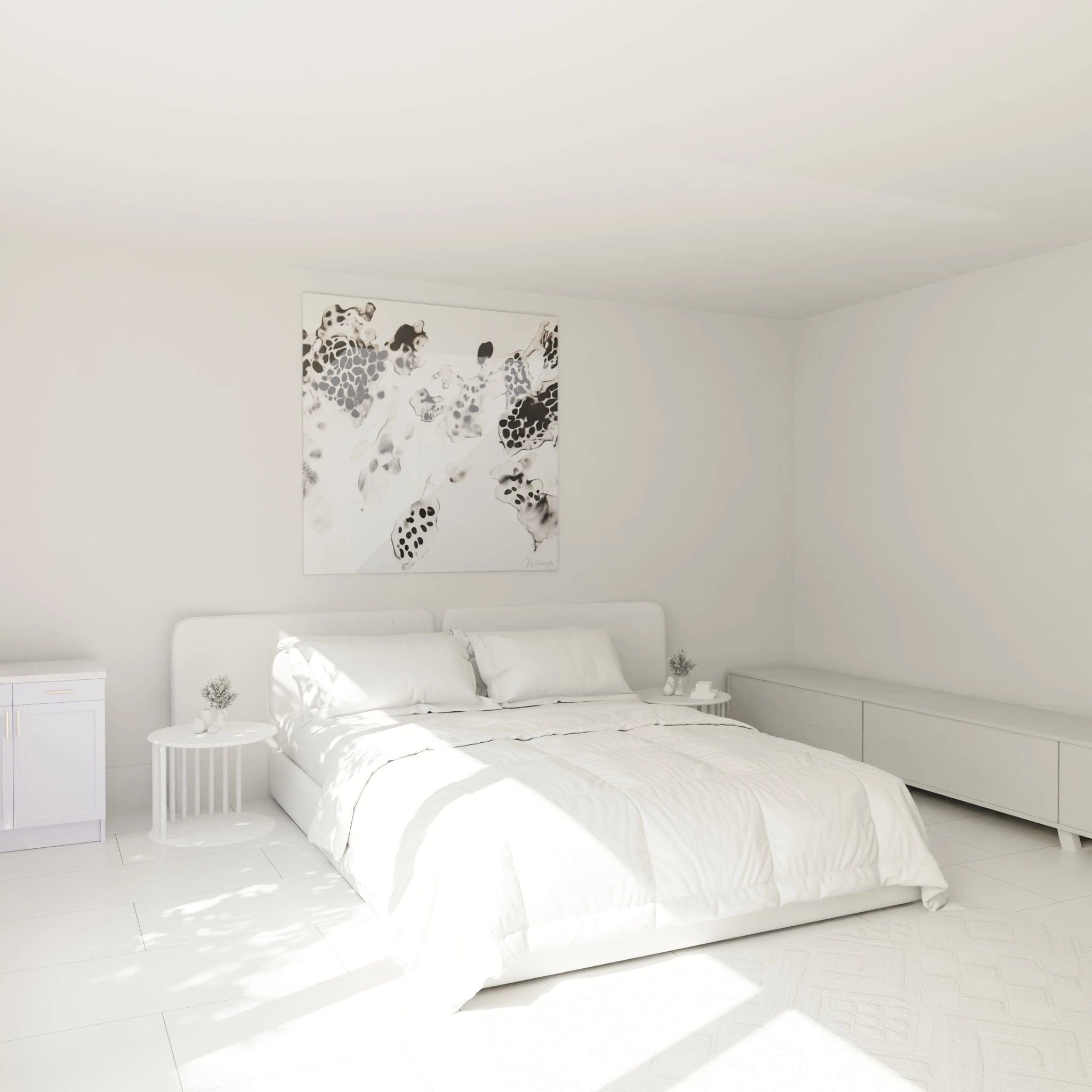 Tableau tacheté noir et blanc de Walensky décorant une chambre moderne et lumineuse