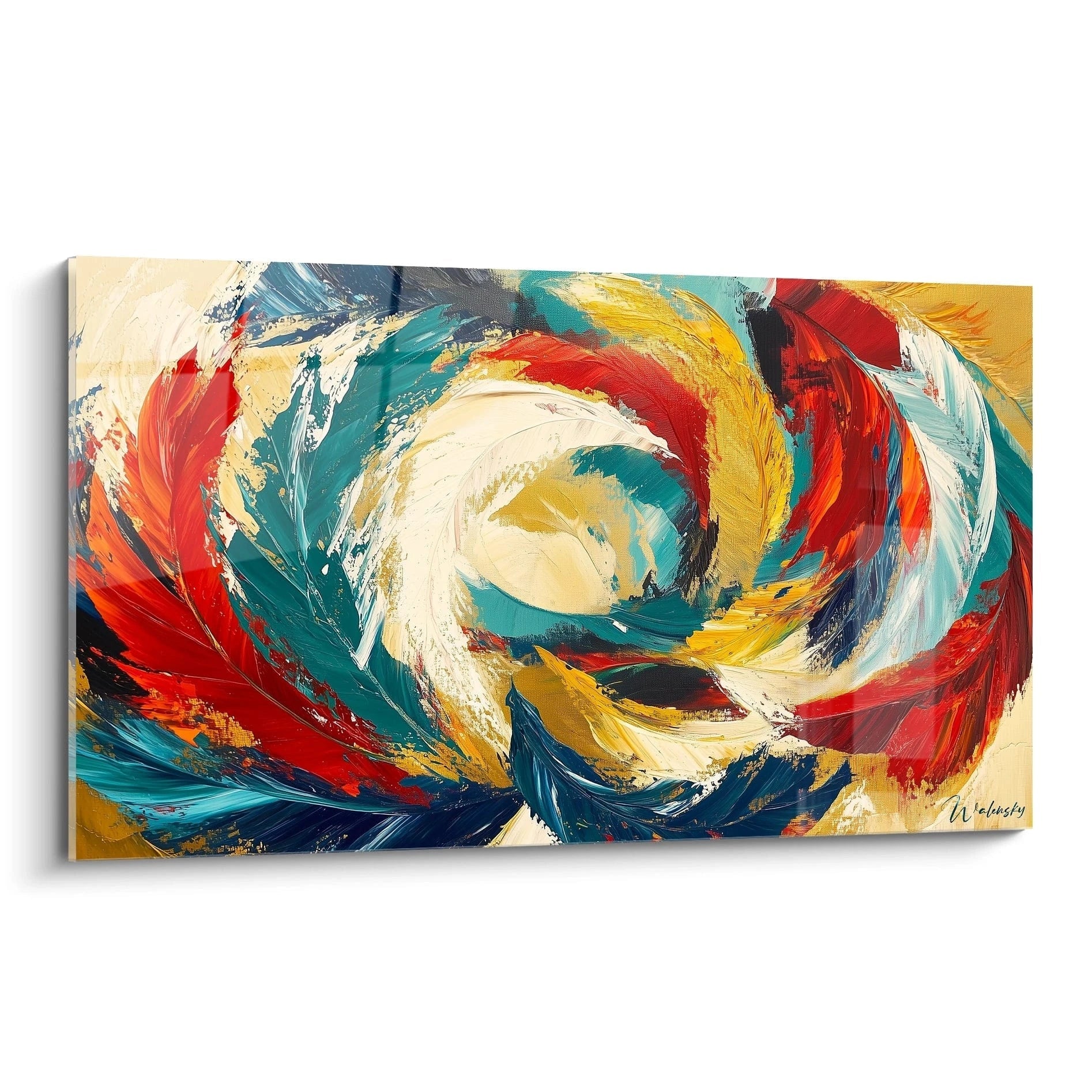 Un tableau abstrait spirale aux couleurs vives représentant un tourbillon dynamique composé de courbes concentriques en bleu turquoise, rouge éclatant, jaune lumineux et blanc, avec des textures épaisses créées par des coups de pinceau expressifs et énergiques.

