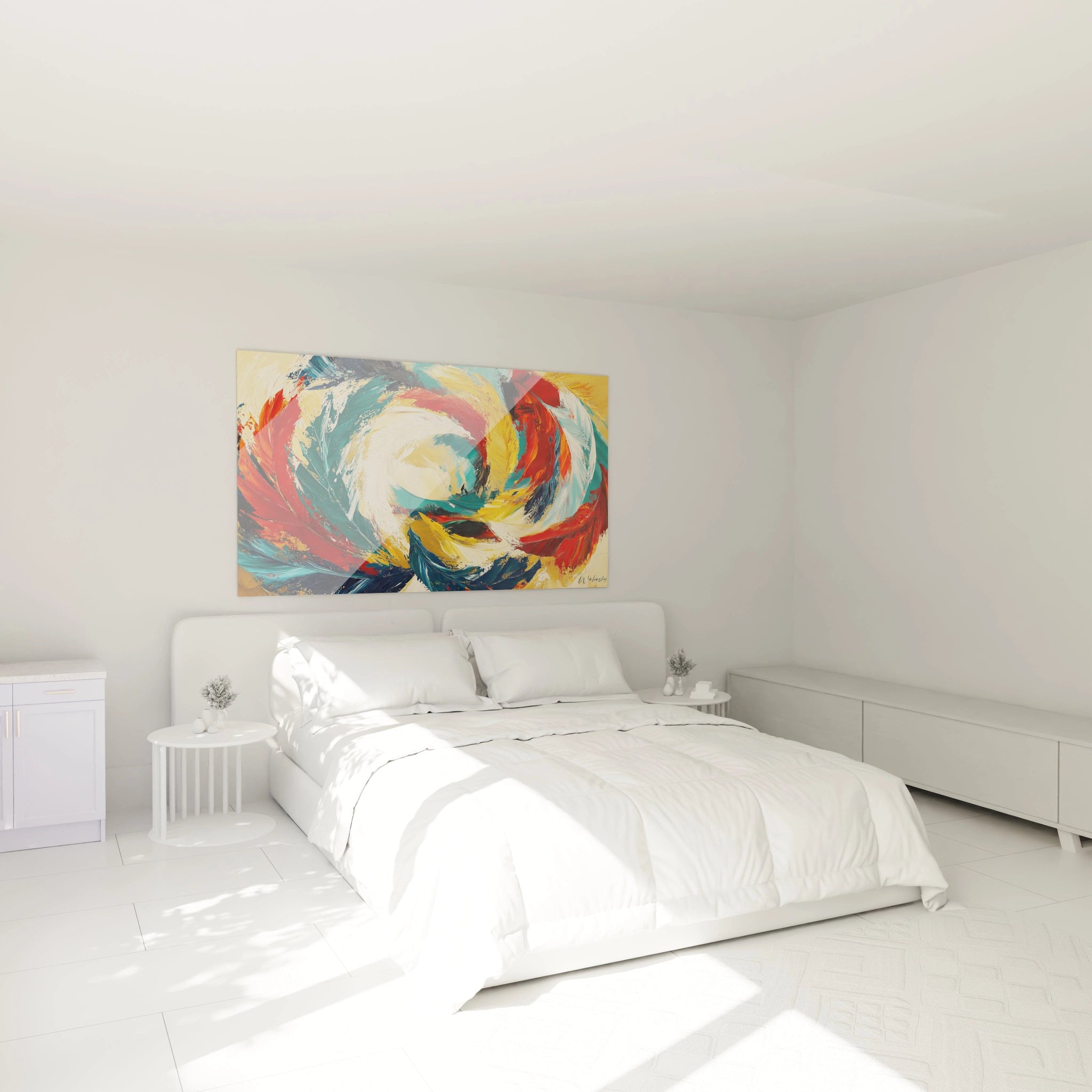 Un tableau abstrait spirale multicolore illustrant un mouvement circulaire hypnotique avec des bandes colorées de turquoise, rouge, jaune et blanc qui s'enroulent vers un centre lumineux, révélant des empâtements et une application généreuse de peinture.
