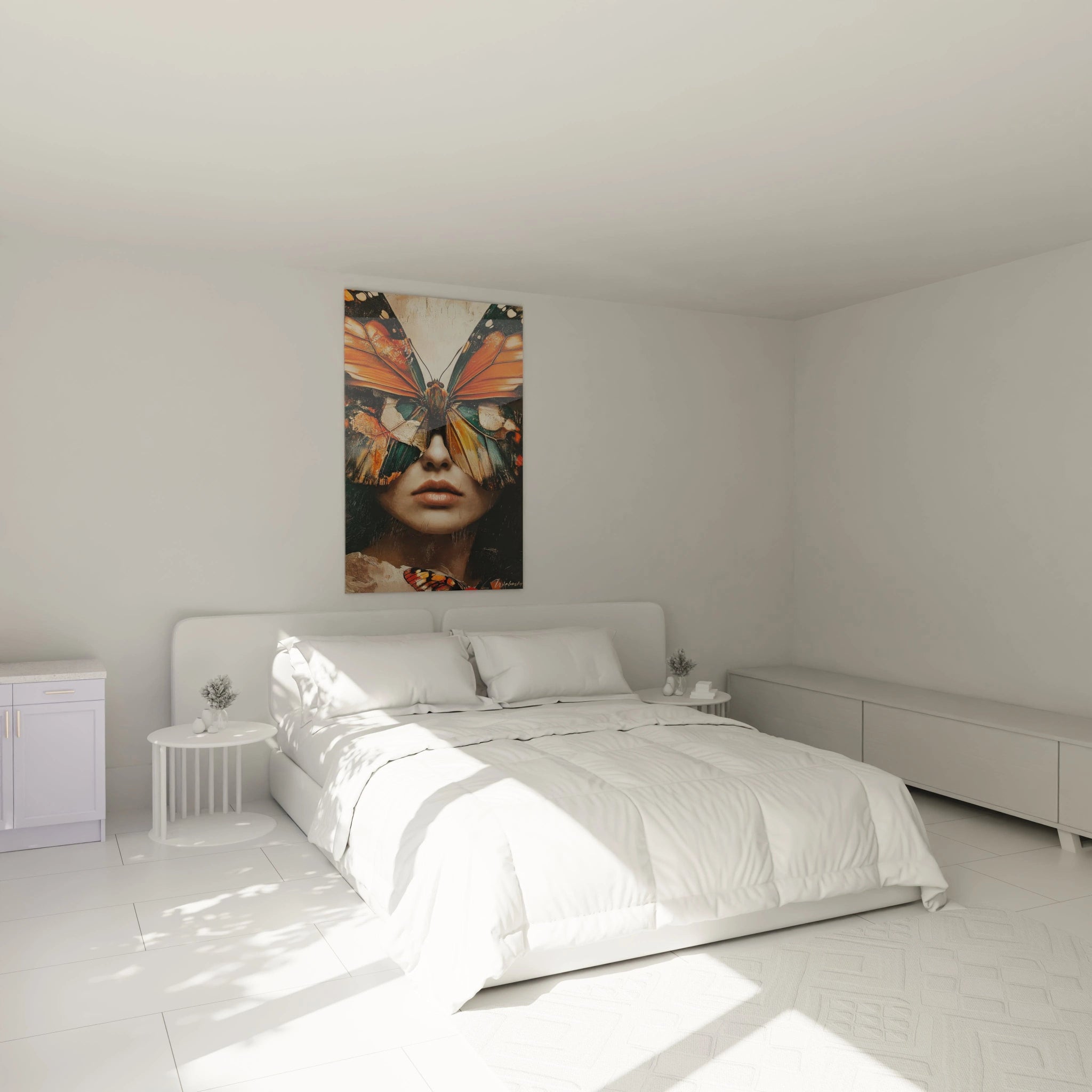 Un tableau visage métamorphose montrant un portrait féminin où des ailes de papillon orange, noires et vertes se substituent au regard, avec des textures en relief et des empâtements créant une fusion symbolique entre humain et insecte.
