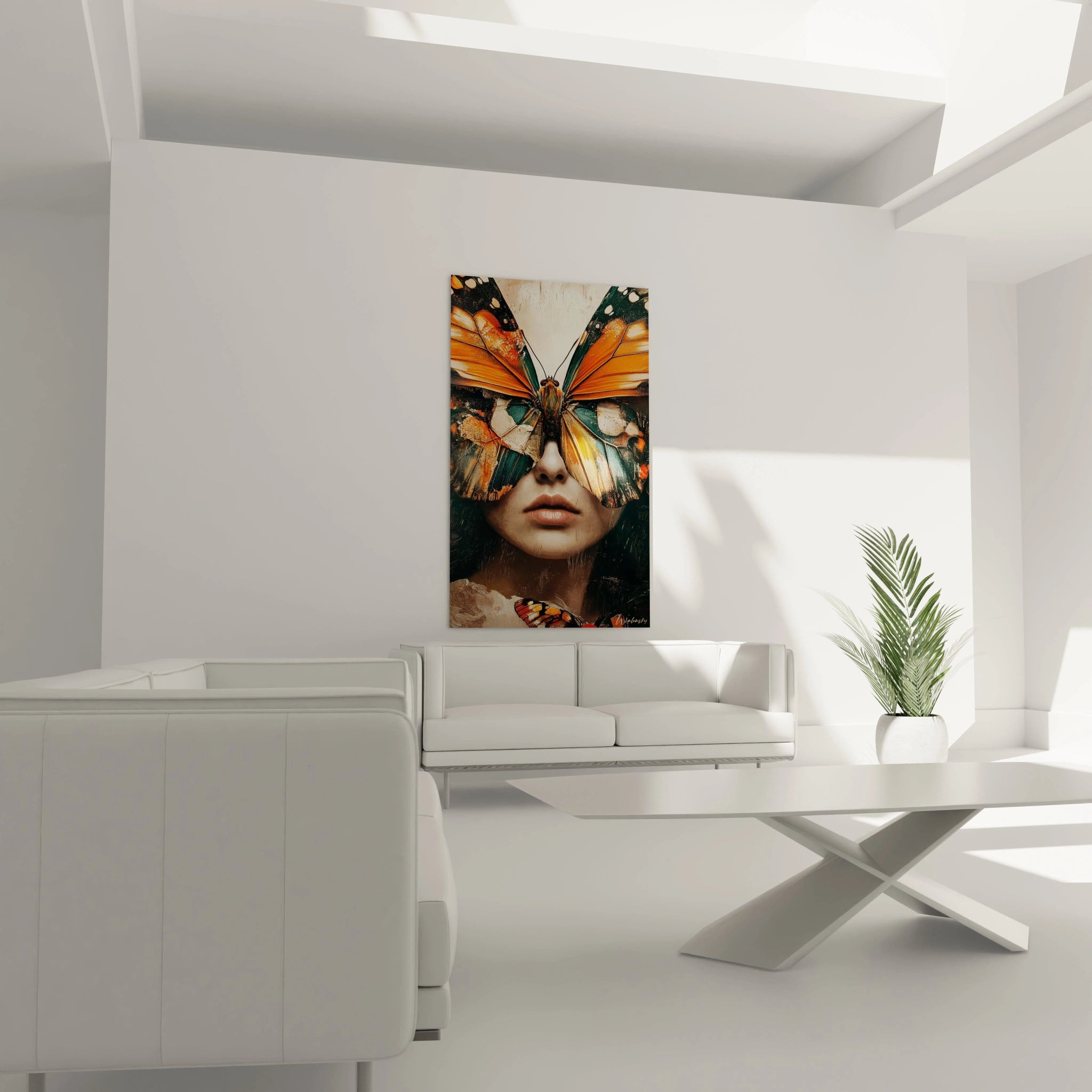 Un tableau visage surréaliste représentant une femme dont les yeux sont remplacés par des ailes de papillon symétriques aux teintes orange et vertes, avec des détails texturés et des contrastes marqués entre les zones lisses et rugueuses.
