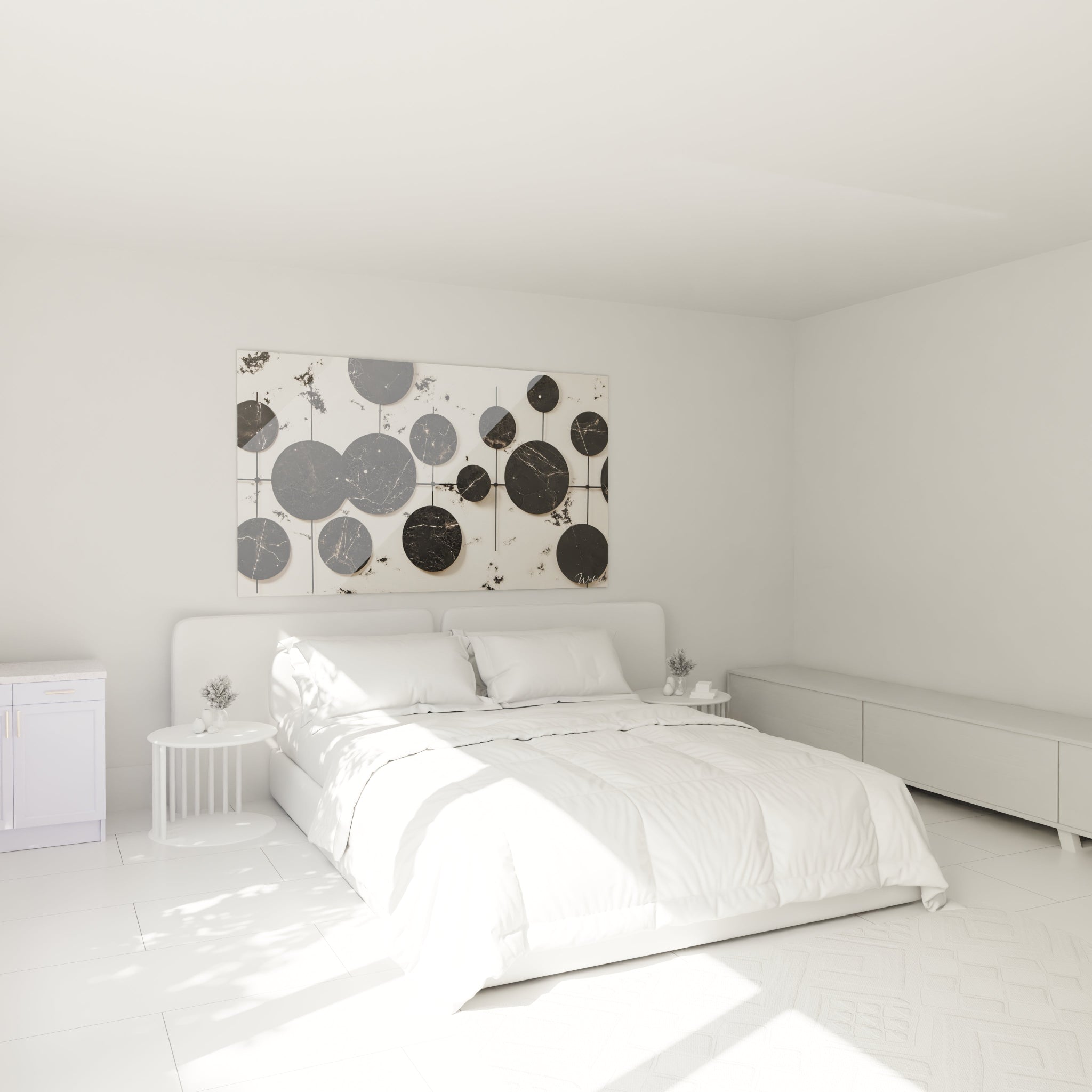 Tableau tacheté noir et blanc Walensky décorant une chambre moderne avec un lit blanc