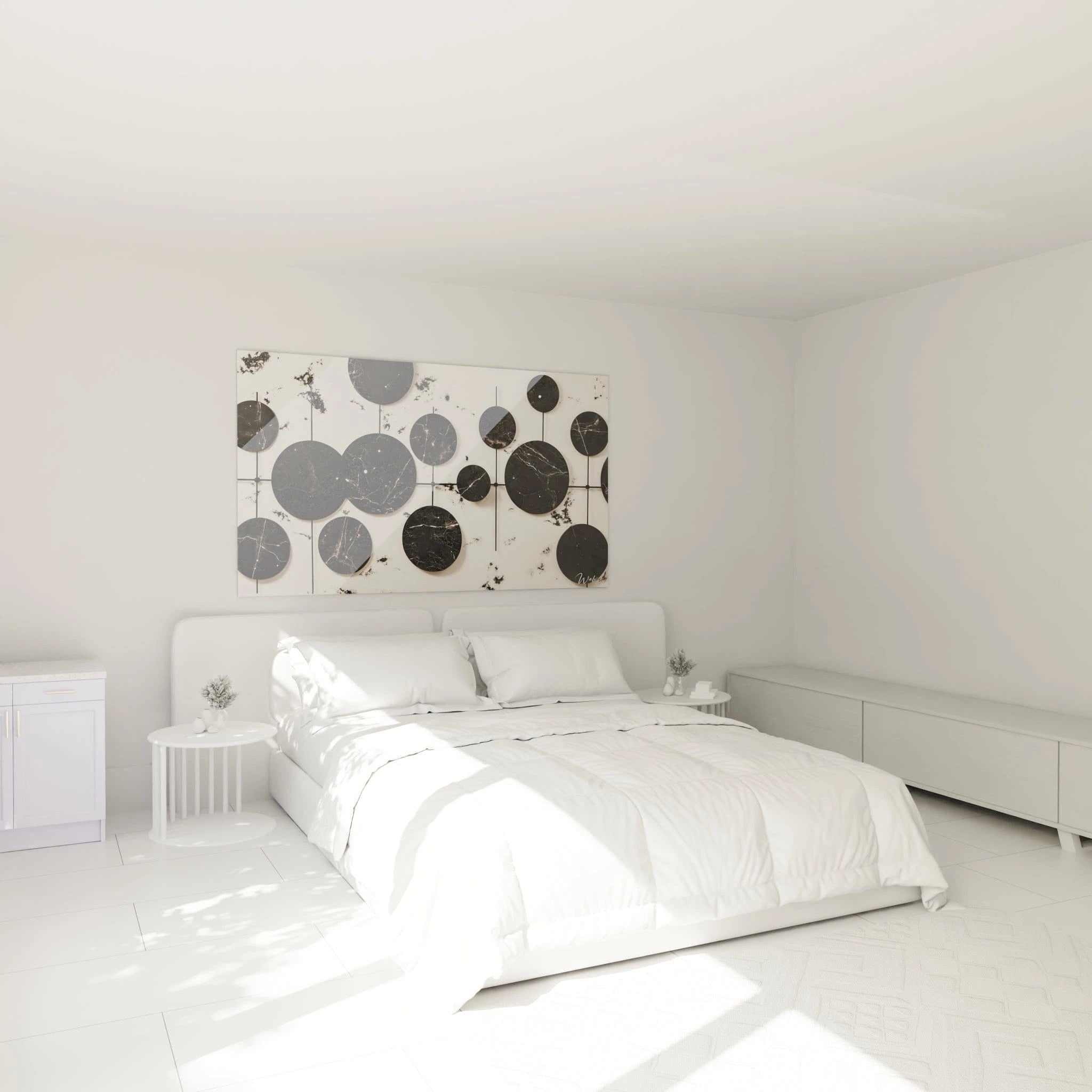 Tableau tacheté noir et blanc Walensky décorant une chambre moderne avec un lit blanc