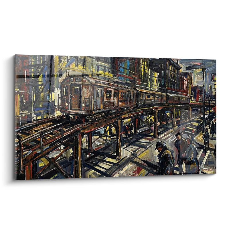 Tableau métro aérien sur structure métallique avec teintes brunes et ocres - Voyage urbain - Edition Manhattan