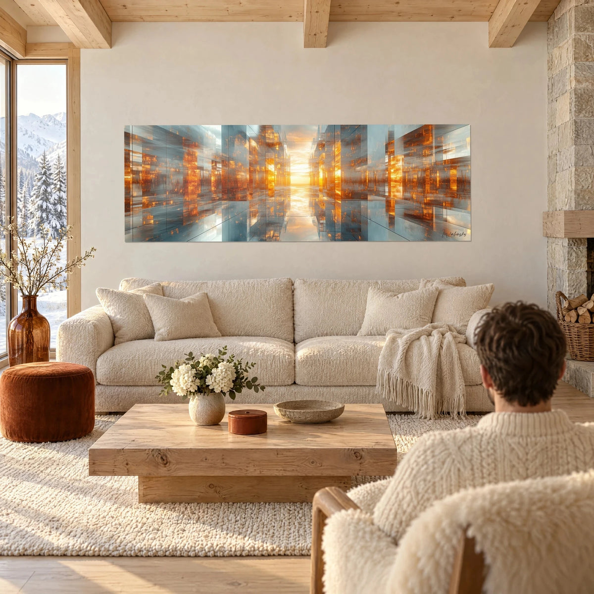 Tableau couloir de miroirs aux reflets cuivrés et bleu acier ouvert sur un soleil levant, au-dessus d'un canapé dans un salon lumineux