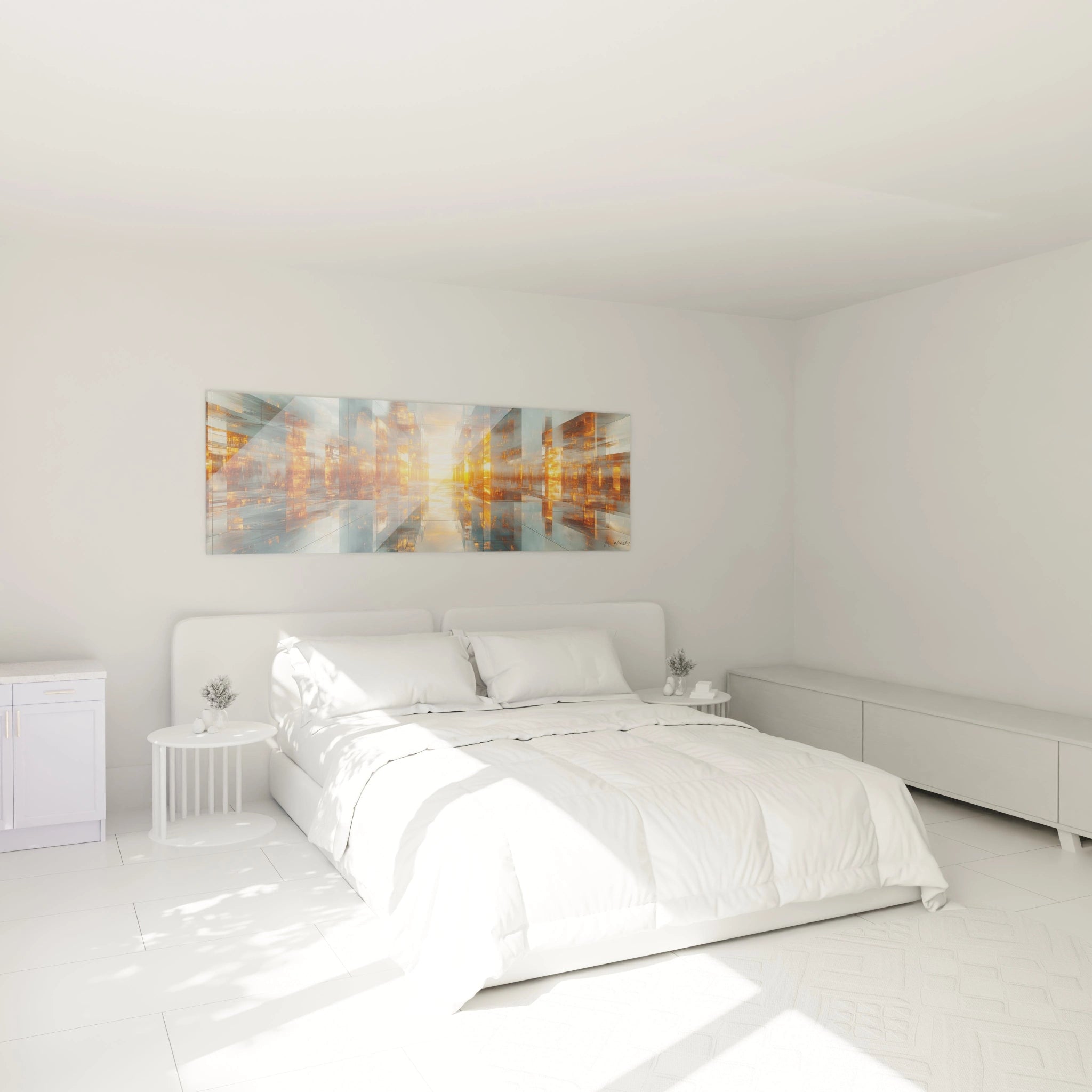 Tableau trompe l'oeil Walensky représentant une ville lumineuse accroché dans une chambre moderne blanche