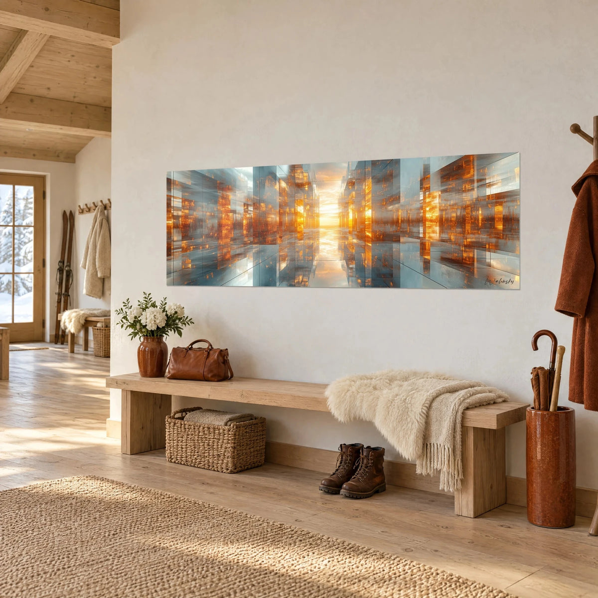 Tableau perspective vitrée prolongée d'un sol-miroir ambre et turquoise, en vue de trois-quarts sur un mur de chalet clair