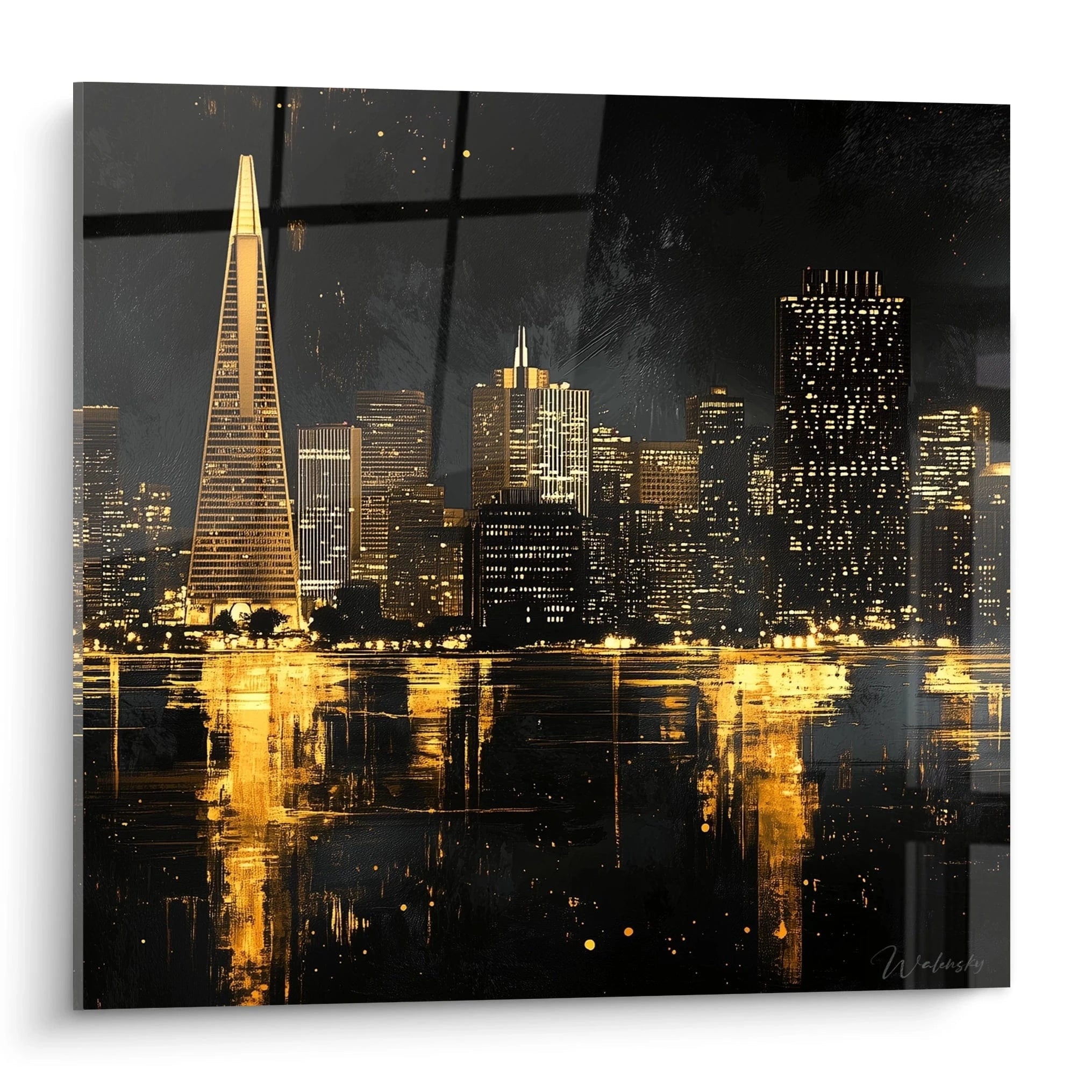 Tableau New York nuit avec skyline illuminée en tons dorés par Walensky