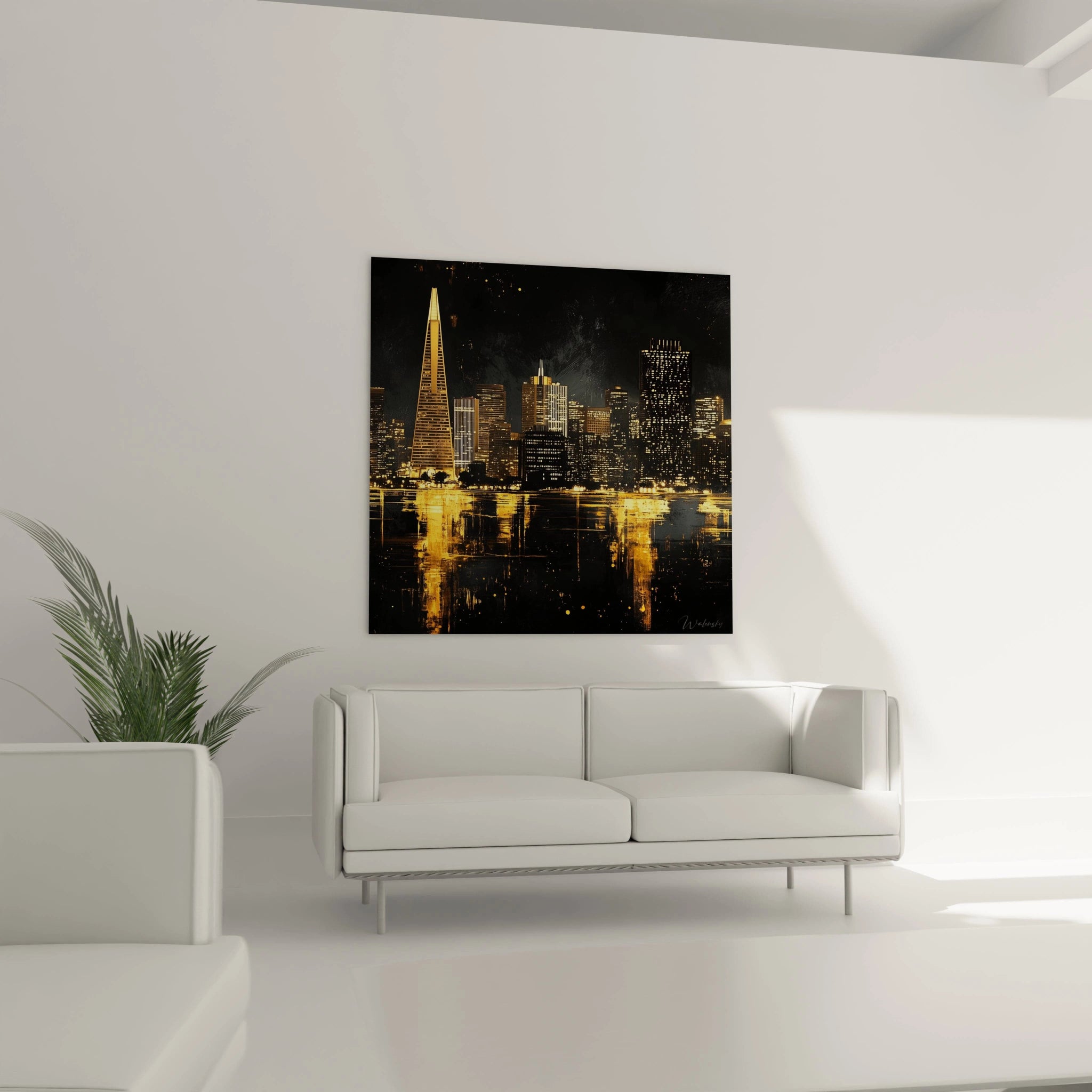 Tableau New York avec skyline nocturne dorée accroché au mur au-dessus d'un canapé blanc moderne