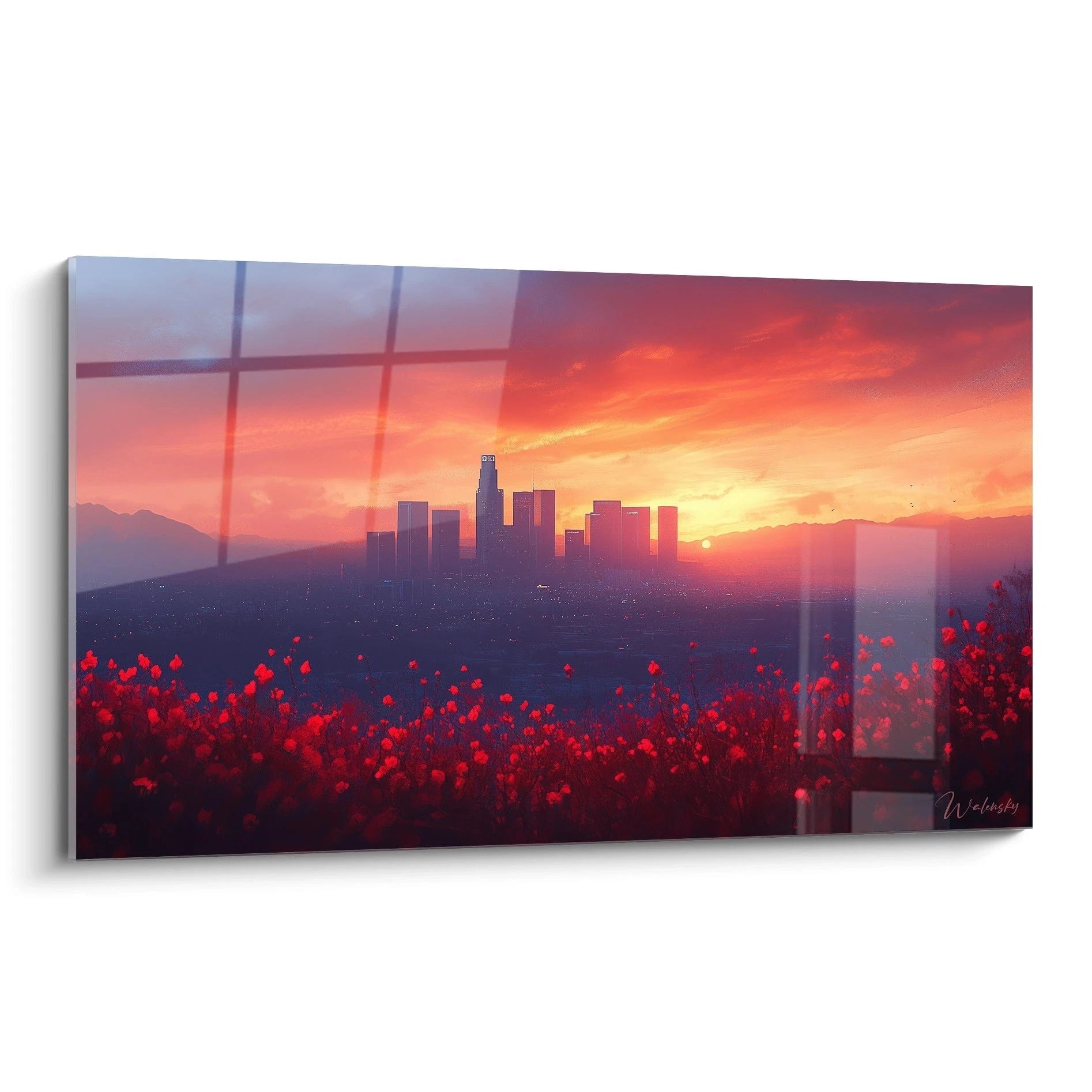 Un tableau paysage urbain montrant une skyline de métropole au coucher du soleil, avec un champ de coquelicots rouges au premier plan, des montagnes en arrière-plan et un ciel embrasé aux teintes orangées et pourpres créant une atmosphère dramatique.
