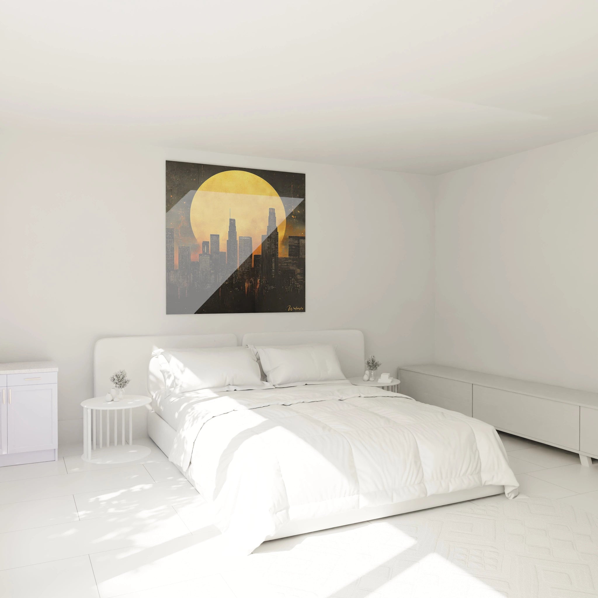 Tableau New York avec silhouette de la ville et grand soleil jaune dans chambre moderne lumineuse