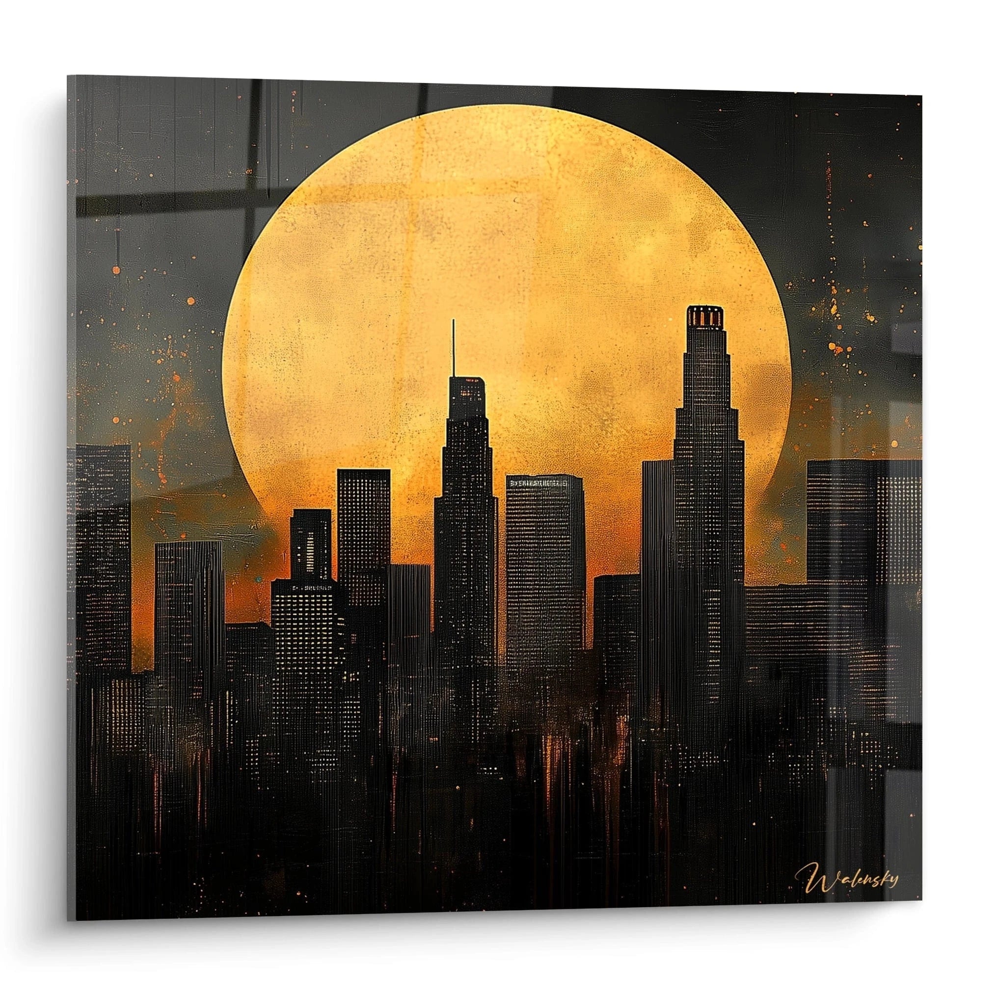 Tableau New York Walensky avec silhouette urbaine noire et grand soleil orange en arrière-plan