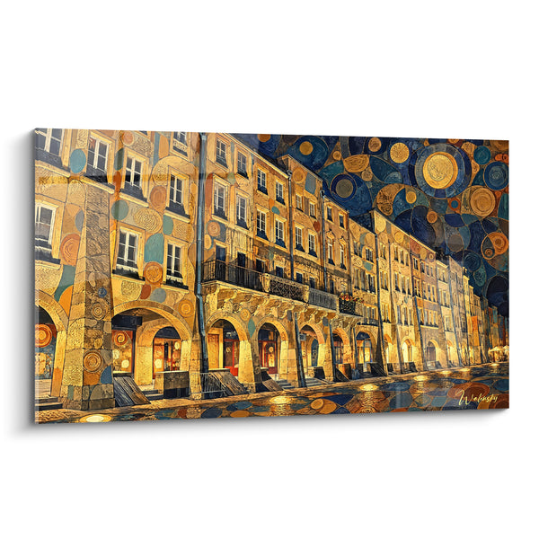 Tableau Façades anciennes aux arcades dorées et bleu nuit - Nuit mosaïque dorée - Edition Metz  Grand Est  France