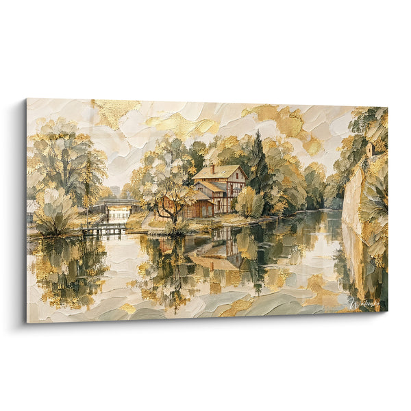 Tableau Maison à colombages dorée au bord de l'eau - Quiétude riveraine - Edition Metz  Grand Est  France