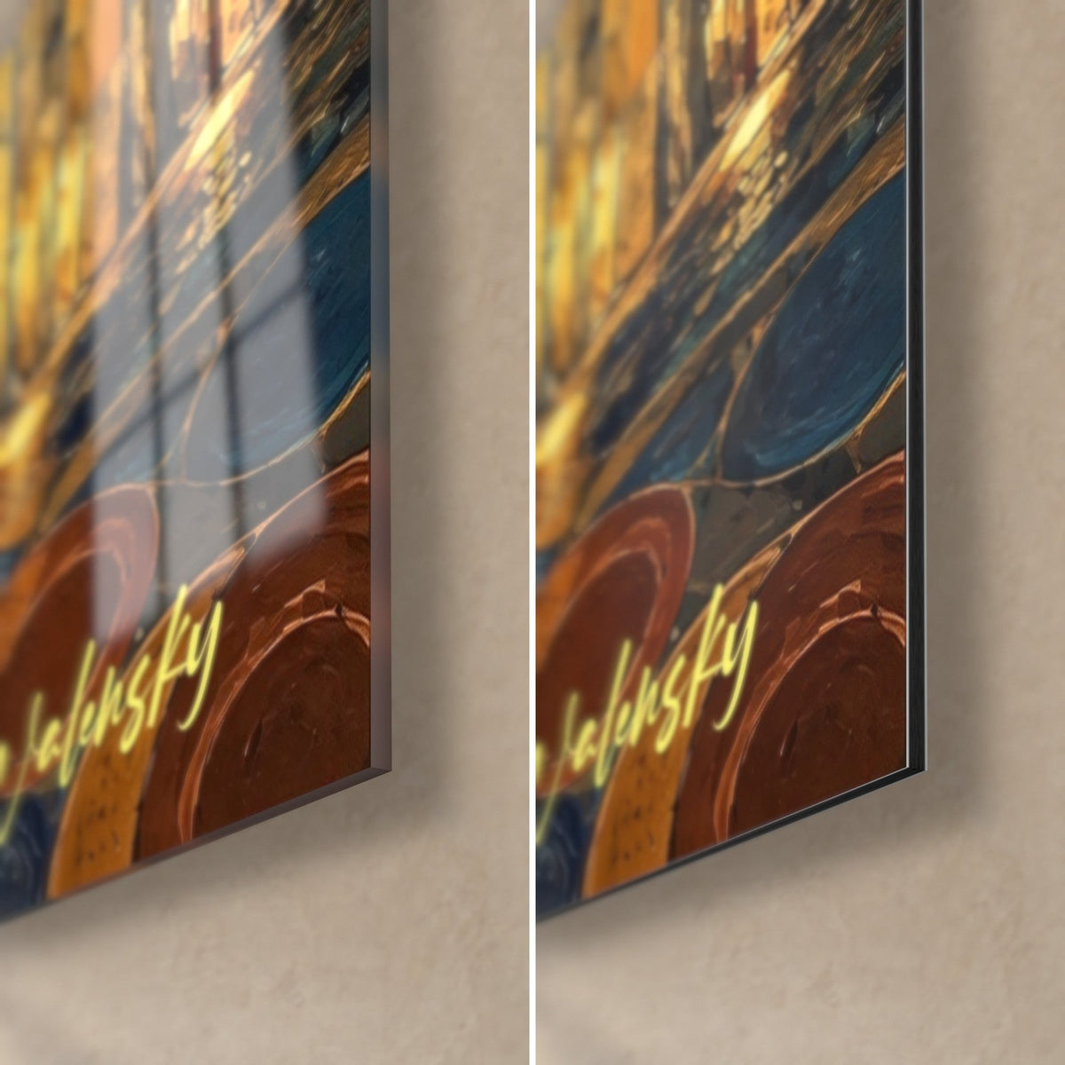 Wall art facades with golden circles and midnight blue sky, bottom right corner: glossy glass with reflections, matte Dibond, 3 mm edge visible