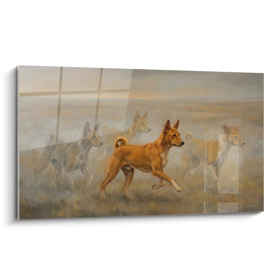 Tableau Meute de Chiens aux Tons Dorés dans la Brume - Évasion Sauvage - Edition Basenji