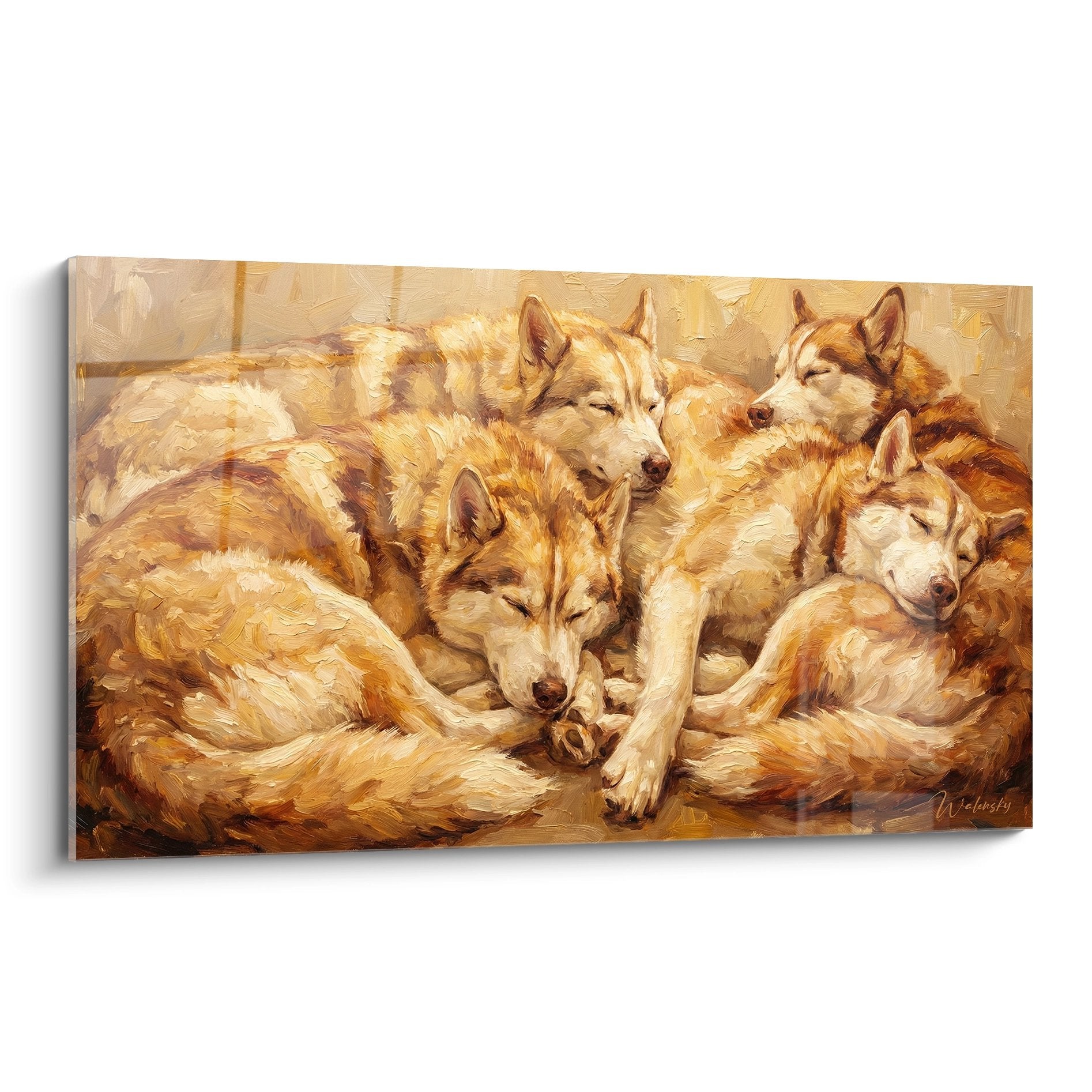tableau meute huskies siberiens endormis tons dores ocre caramel art animalier realiste