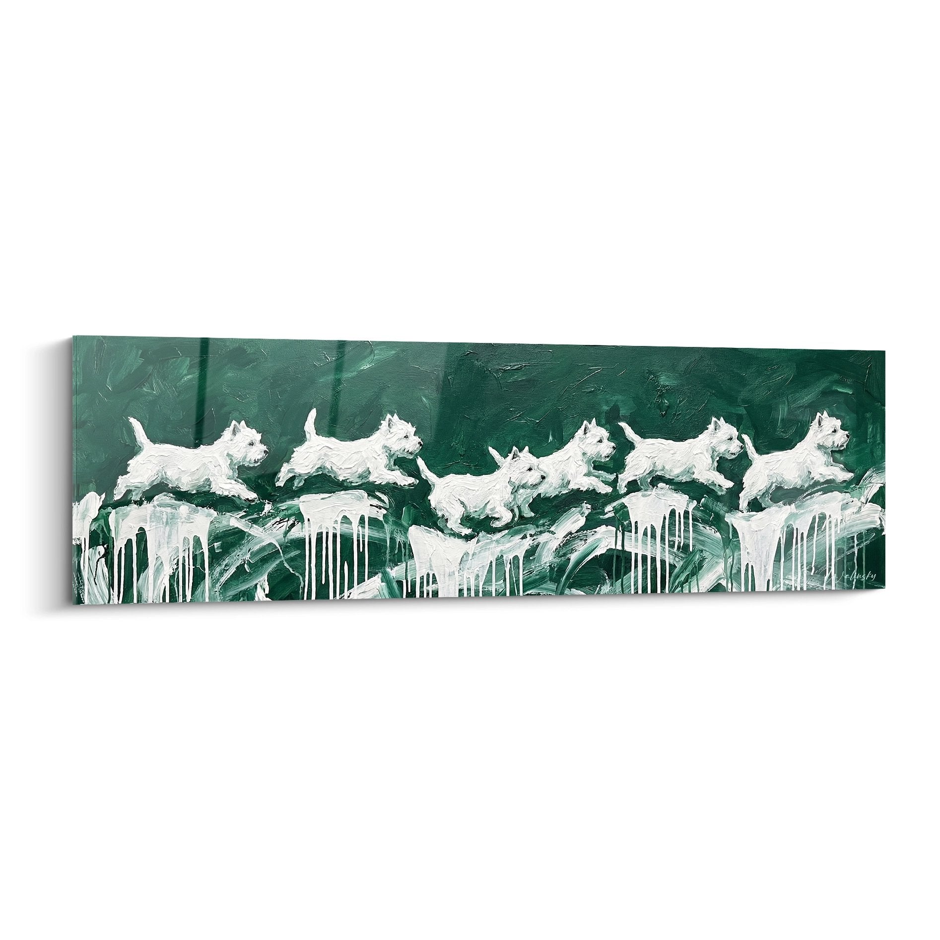 Tableau meute de six West Highland White Terrier blancs en course sur fond vert émeraude avec coulures de peinture