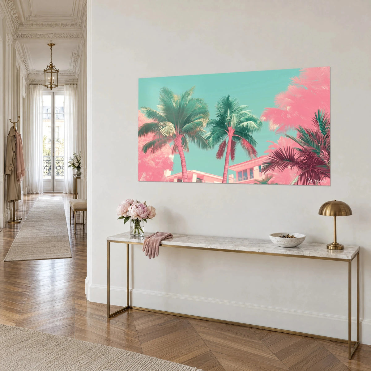 Retro Miami wall art with mint and coral coconut palms, pale pink villa at the bottom, hung at a three-quarter angle above a gilded console