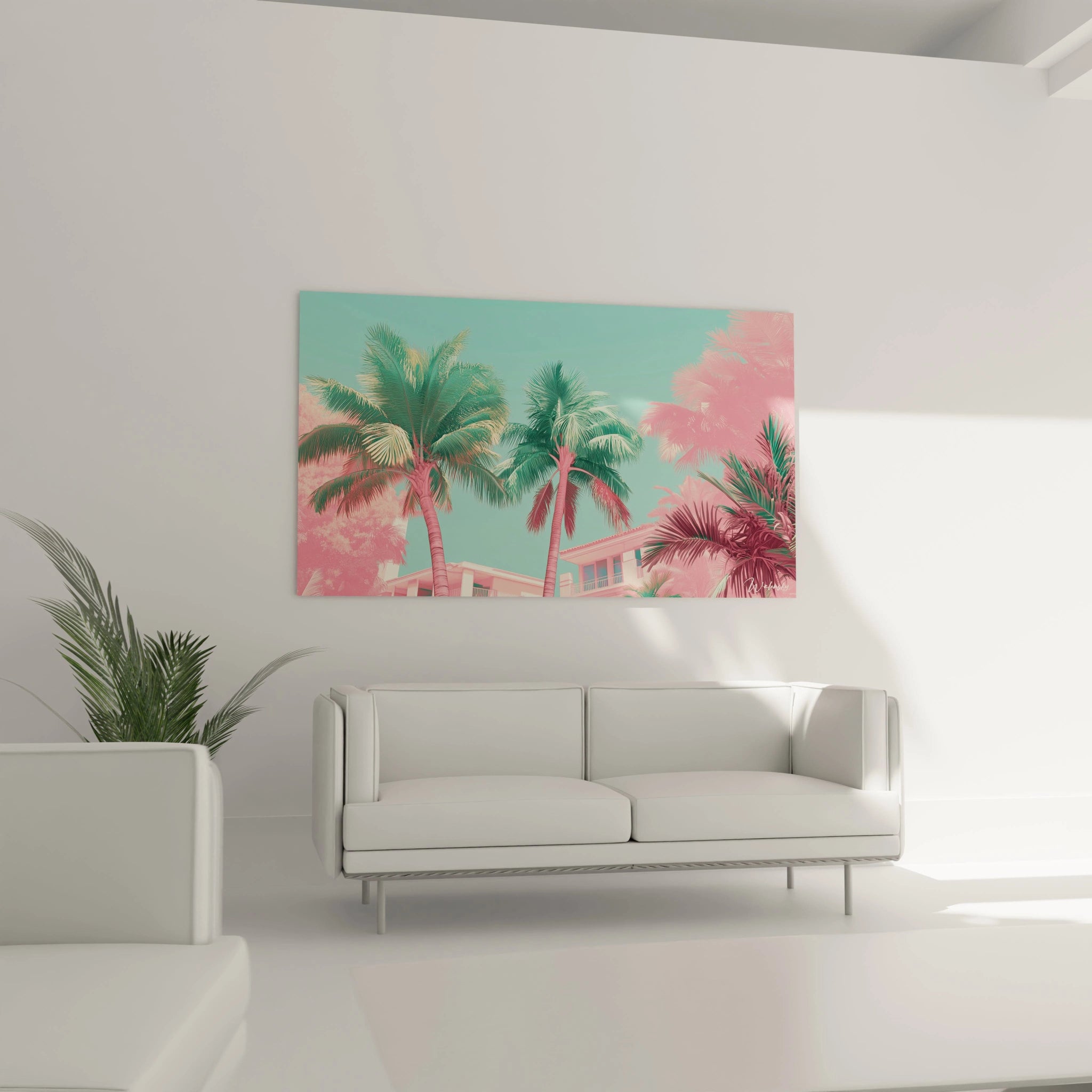 Tableau paysage composé de palmiers roses et verts disposés harmonieusement devant un ciel turquoise éclatant, incluant une structure architecturale blanche, dans un style néo-rétro aux textures lisses et aux contrastes chromatiques saisissants.
