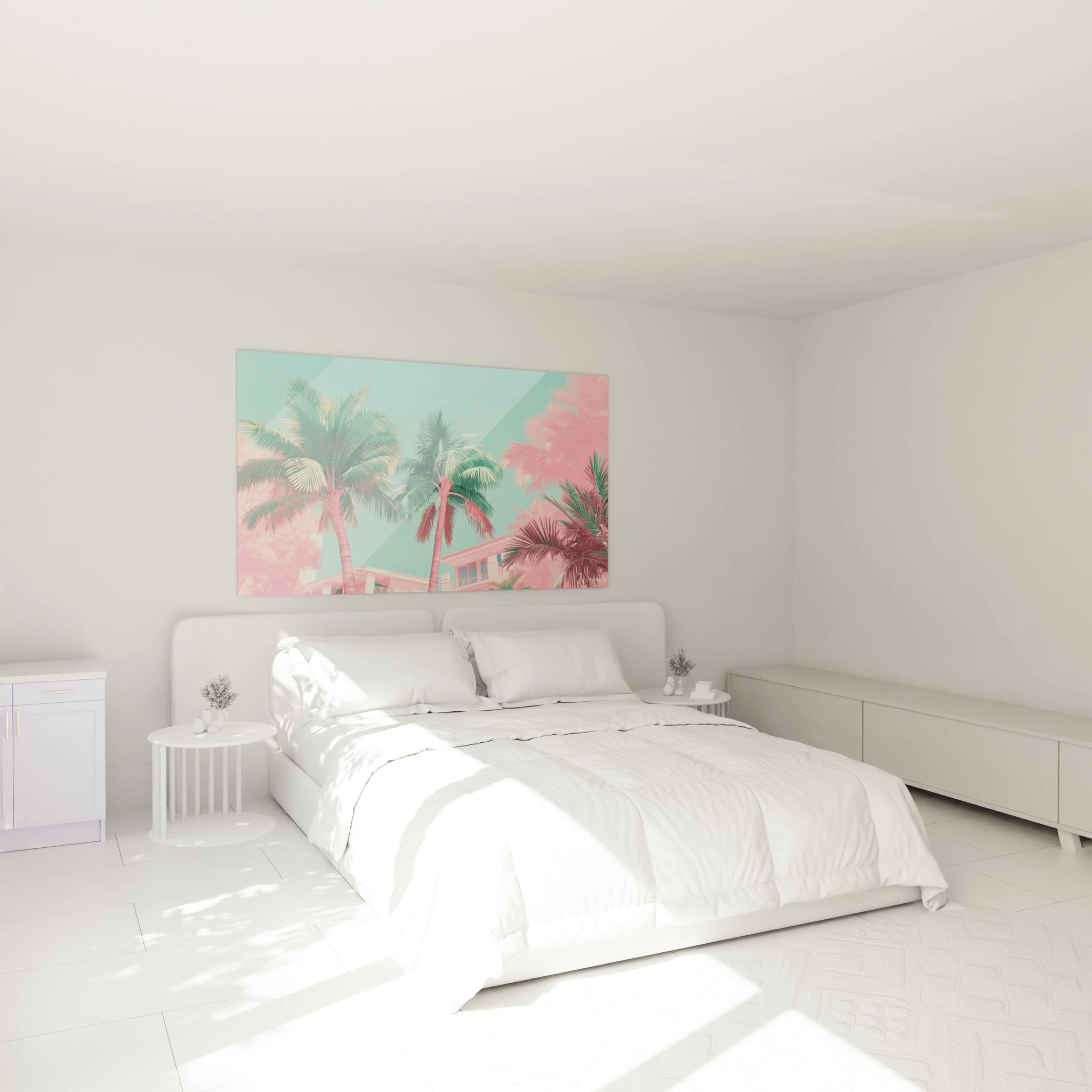 Tableau tropical présentant des palmiers stylisés aux teintes rose vif et vert émeraude, se détachant sur un ciel turquoise lumineux, avec une architecture blanche visible en bas de composition, évoquant une destination balnéaire idéalisée.
