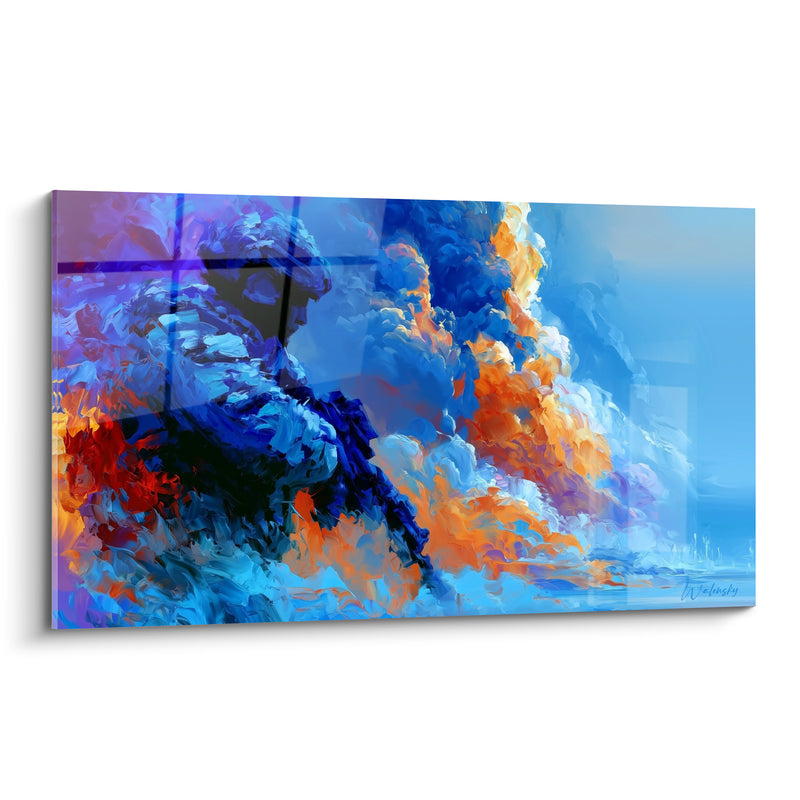 Tableau Explosion abstraite bleu marine et orange - Souffle de collision - Edition Militaire