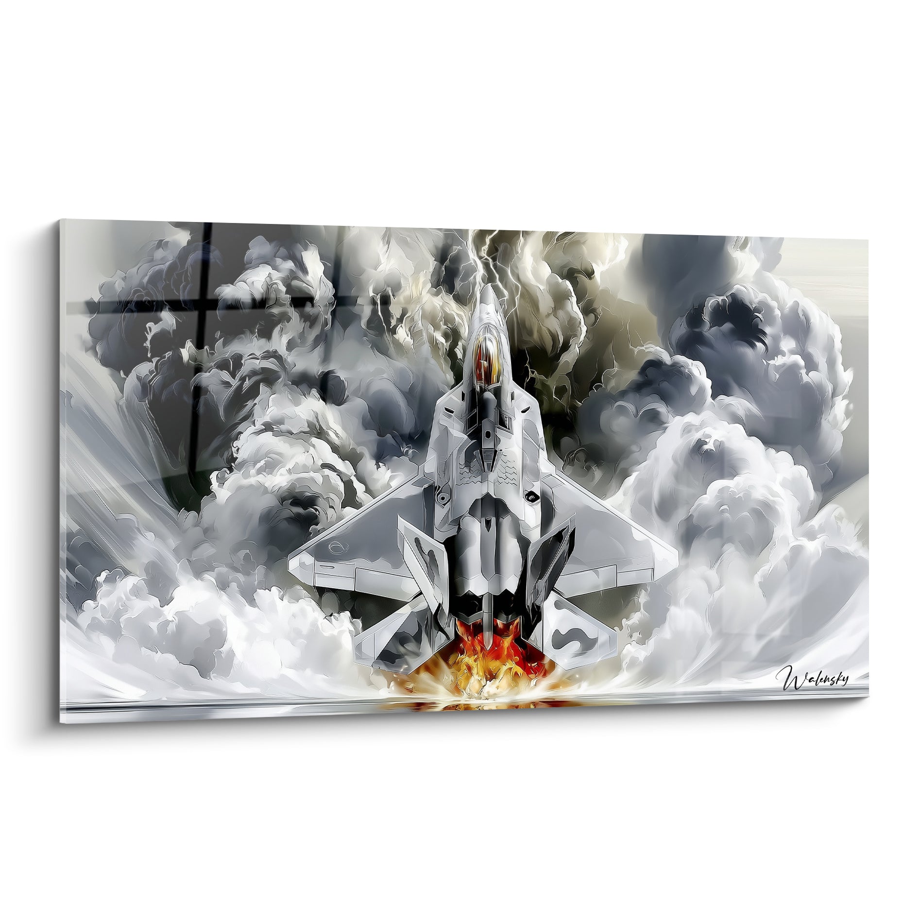Avion de chasse militaire gris et blanc décollant dans un panache de fumée anthracite intense