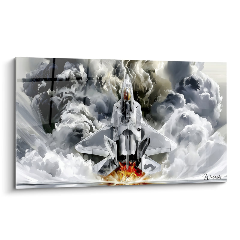 Tableau Avion de chasse gris et blanc décollant - Poussée fulgurante - Edition Militaire