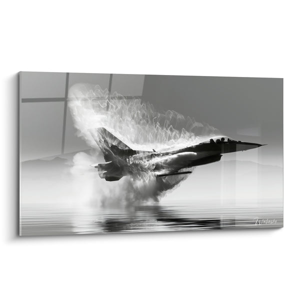 Tableau Avion de chasse gris et blanc effet vapeur - Mur du son - Edition Militaire