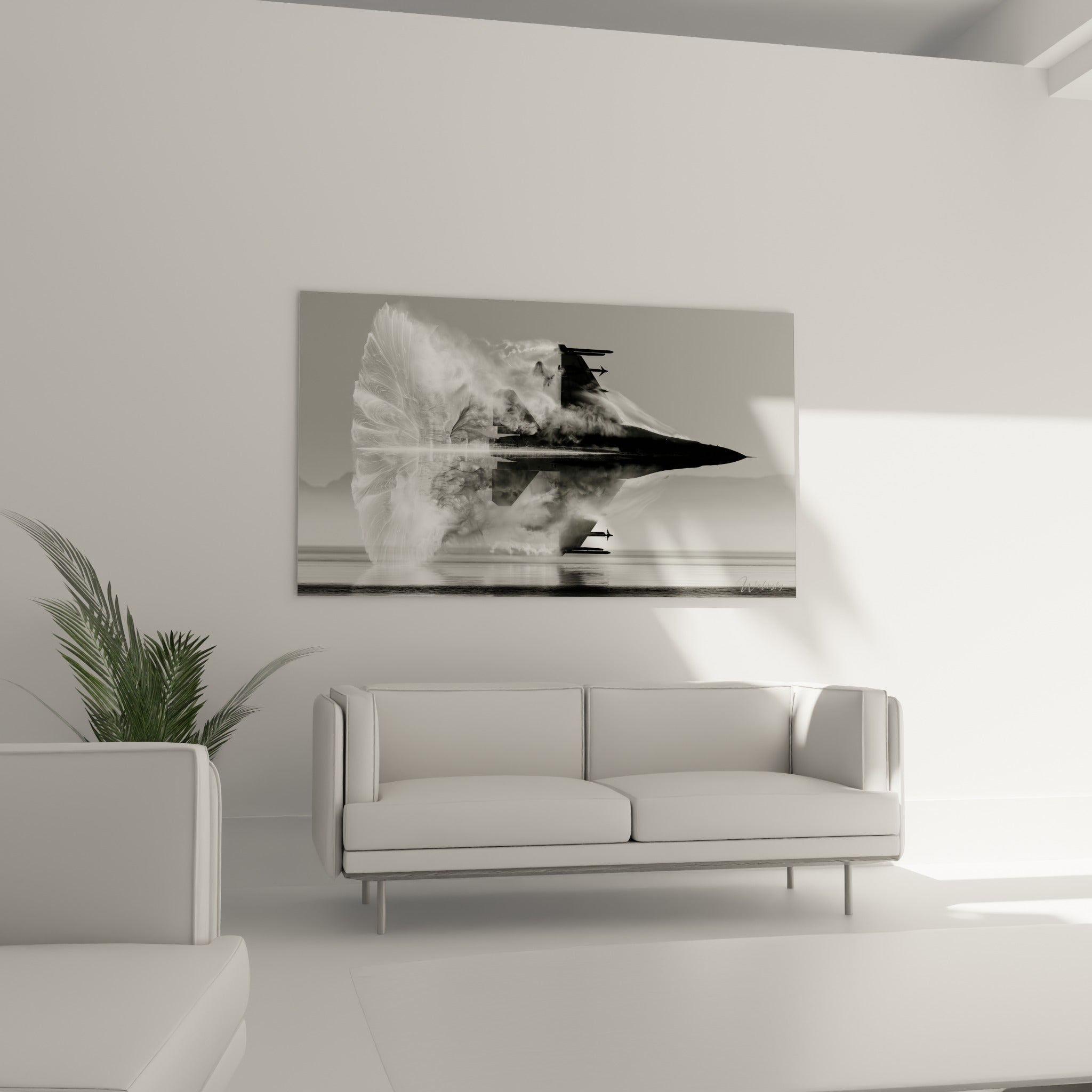 Silhouette d'avion de chasse noire enveloppée de vapeur blanche, disposée au-dessus d'un canapé dans un salon lumineux