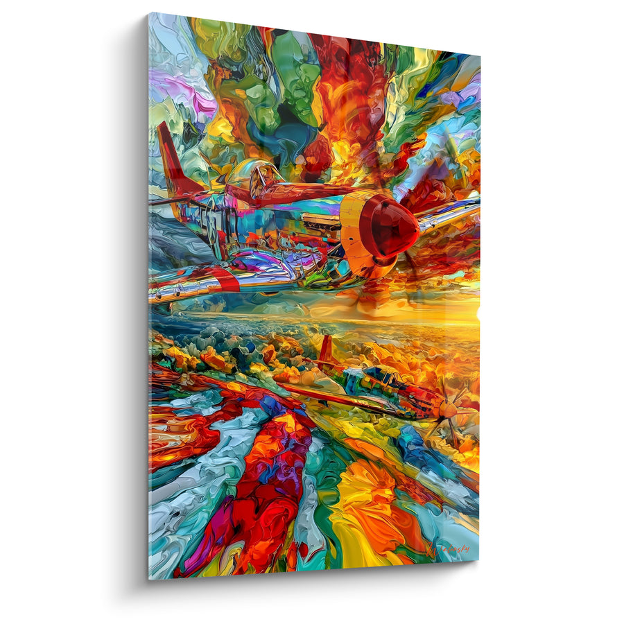 Red and Gold Fighter Jets Swirling Painting - Fury Sky - Military Edition