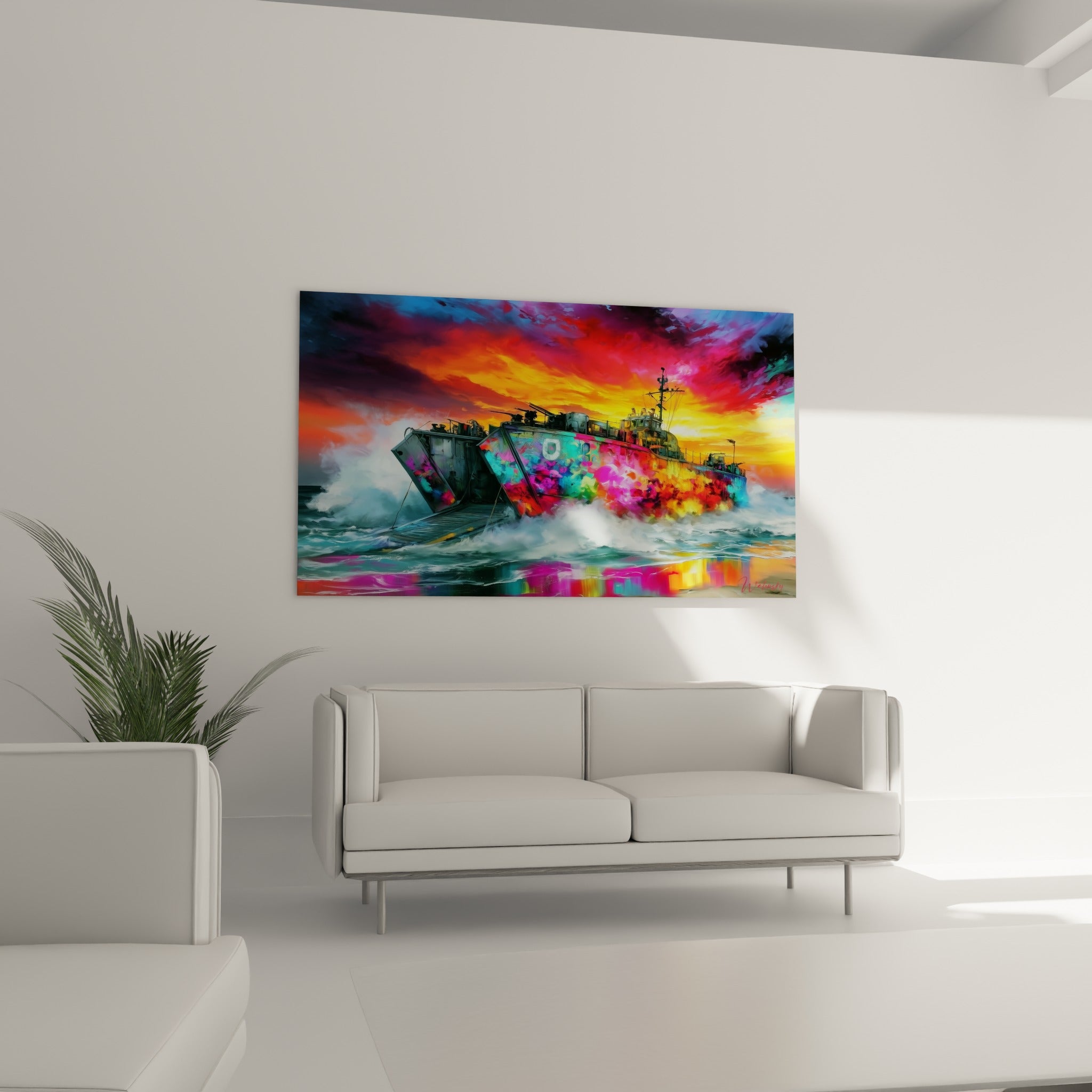 Bateau de guerre anthracite éclaboussé de turquoise et de doré, installé au-dessus d'un canapé dans un salon lumineux