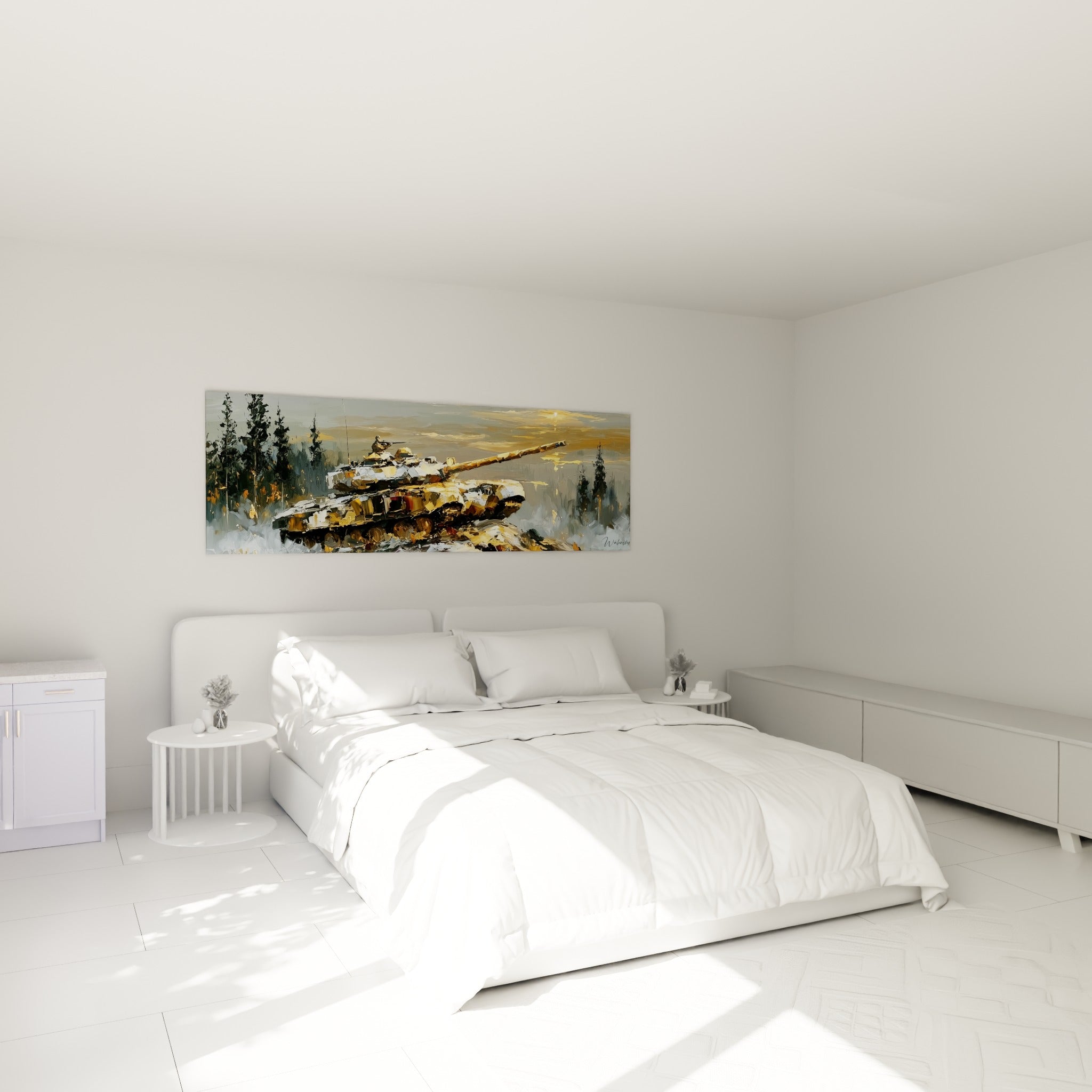 Blindé doré et anthracite en pleine lumière crépusculaire, au-dessus d'un lit dans une chambre claire