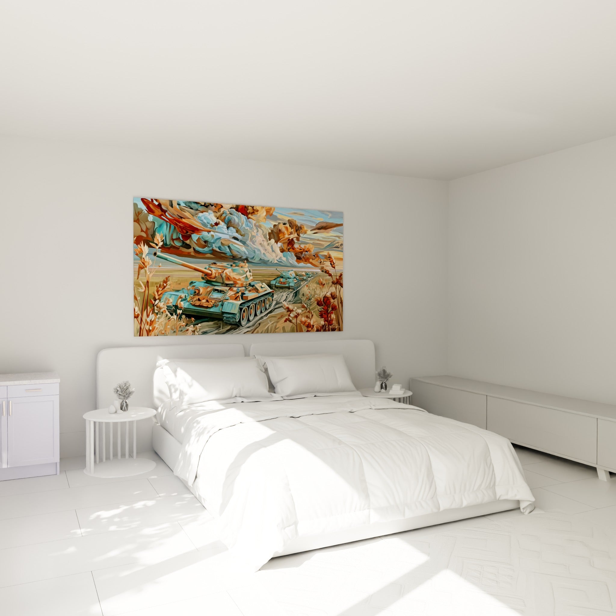 Convoi de chars bleu et ocre peint en style graphique, accroché au-dessus d'un lit dans une chambre claire