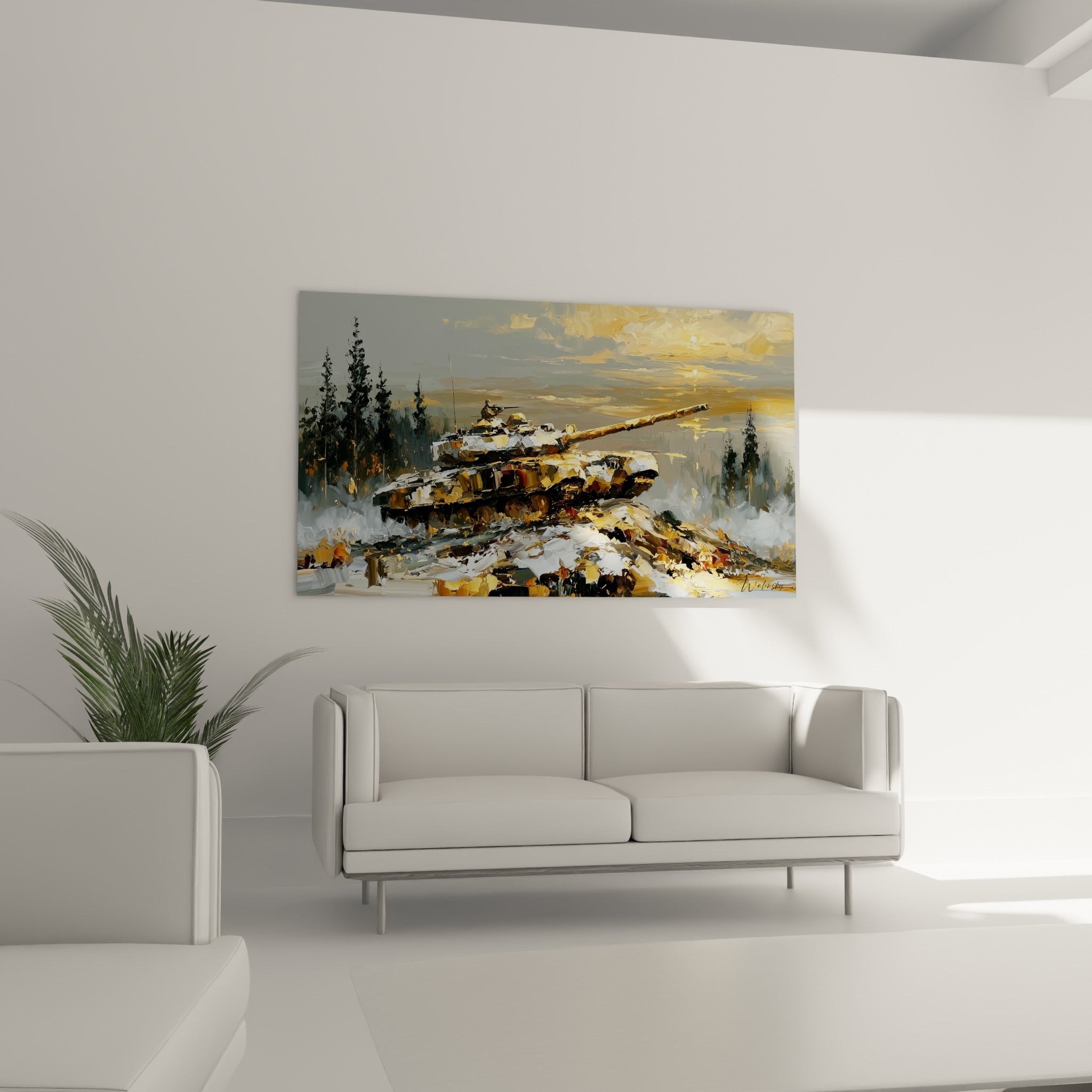 Canon doré pointé vers l'horizon, char anthracite et ocre, au-dessus d'un canapé dans un salon lumineux