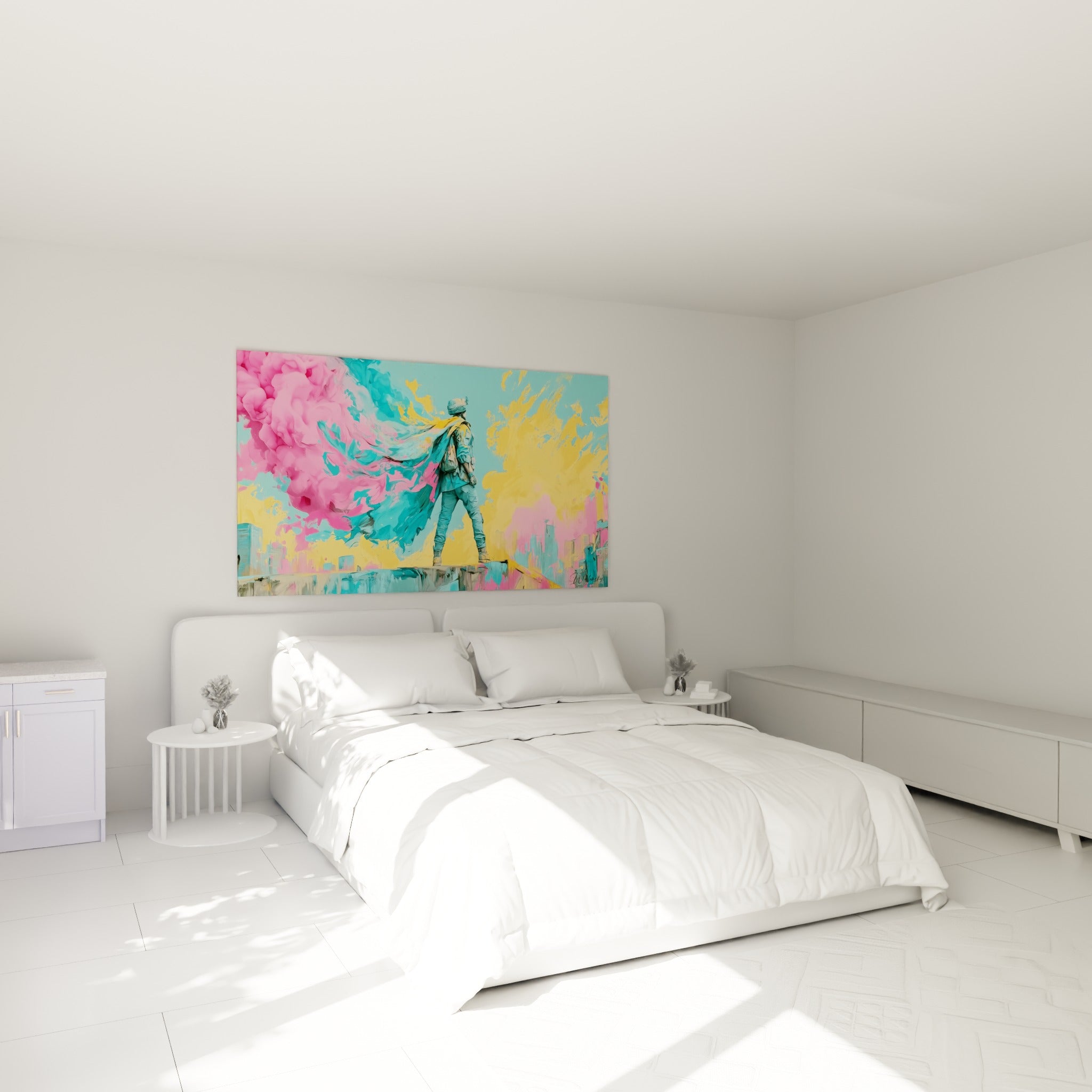 Silhouette militaire enveloppée de fumée rose et bleu turquoise, au-dessus d'un lit dans une chambre claire