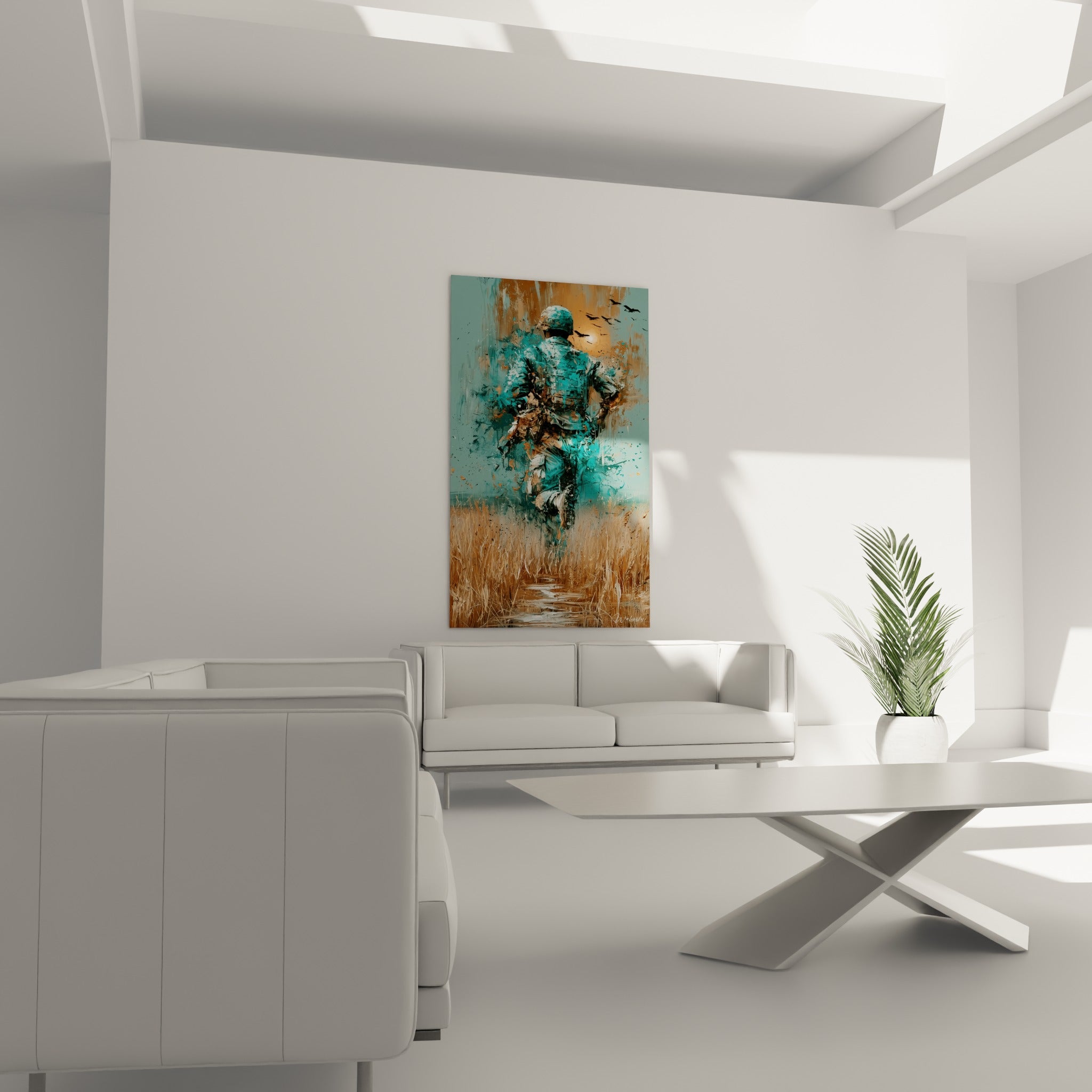 Homme casqué en tenue turquoise avançant dans un champ doré, au-dessus d'un canapé dans un salon lumineux