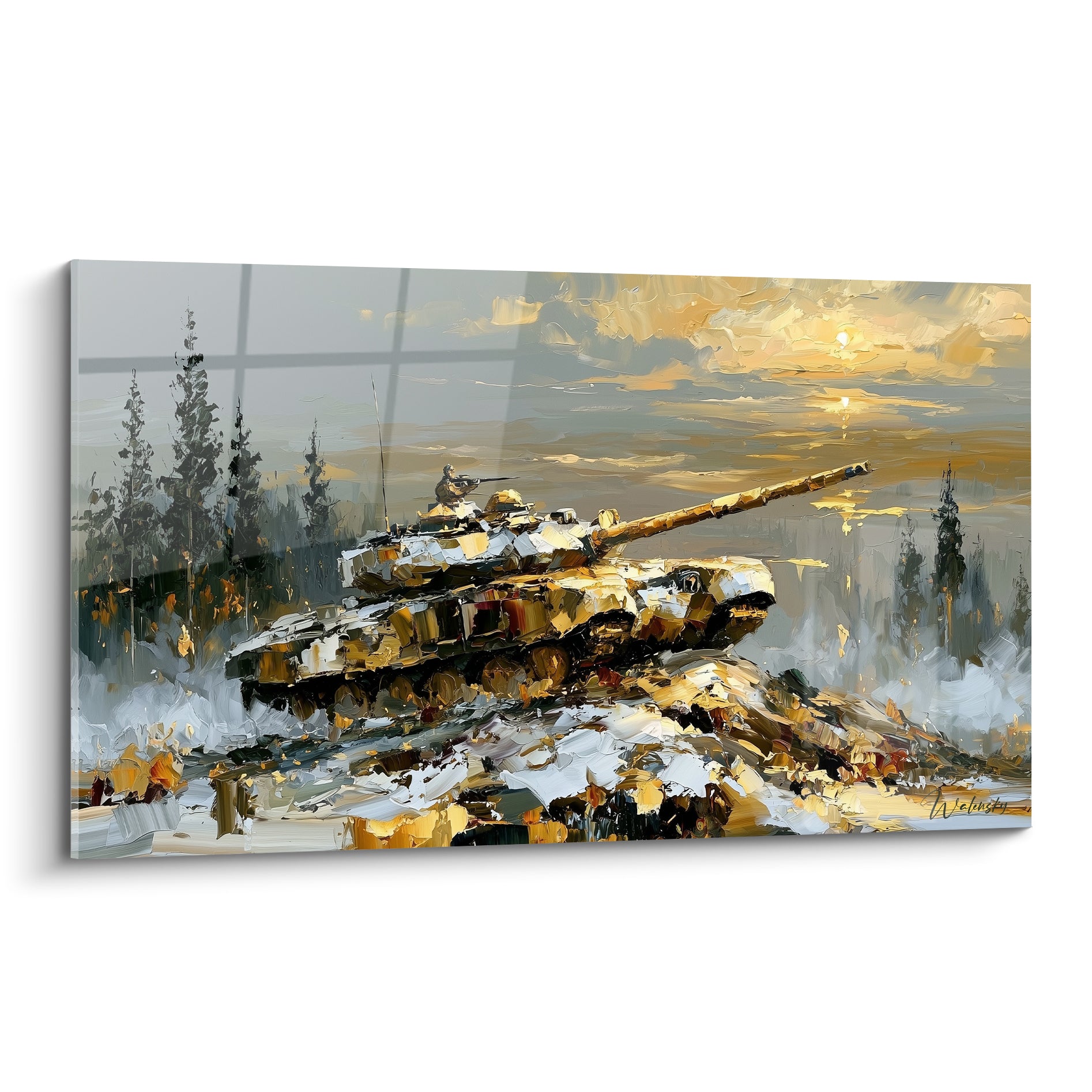 Char militaire doré et gris avançant sur la neige sous un ciel de coucher de soleil ocre