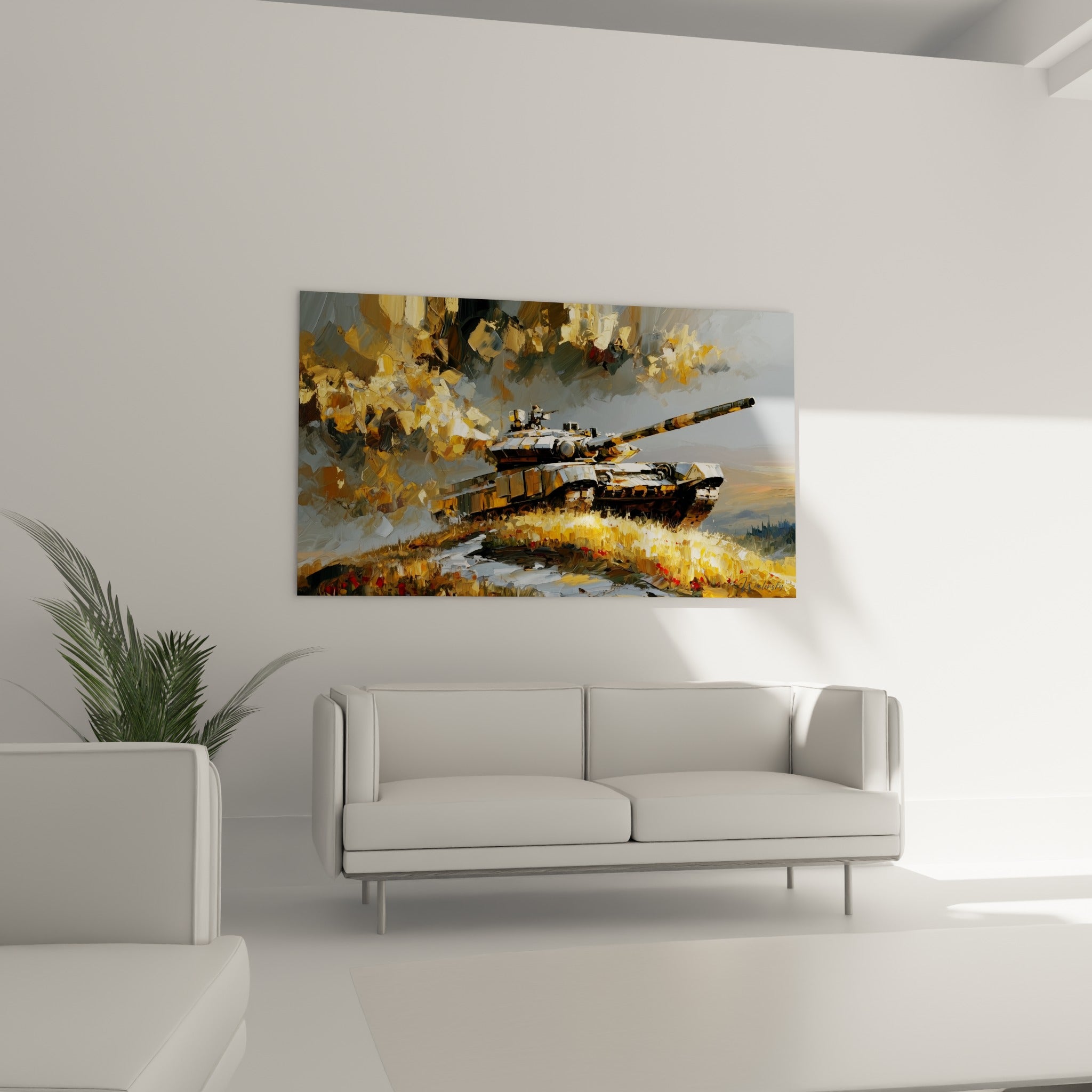 Char de combat aux teintes ocre et grises dominant l'horizon, au-dessus d'un canapé dans un salon lumineux