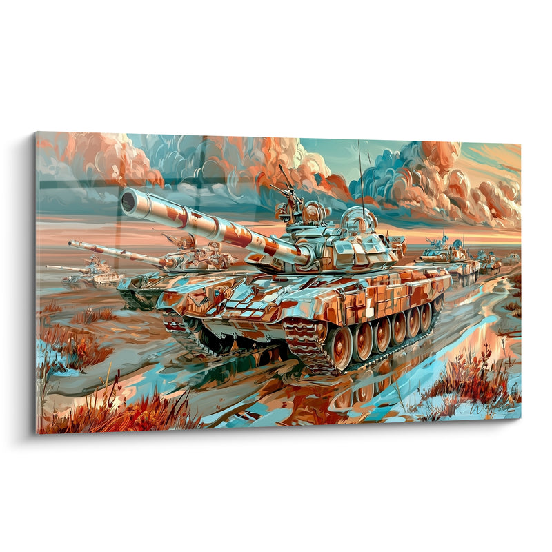 Tableau Char blindé orange et bleu turquoise - Convoi sous ciel embrasé - Edition Militaire