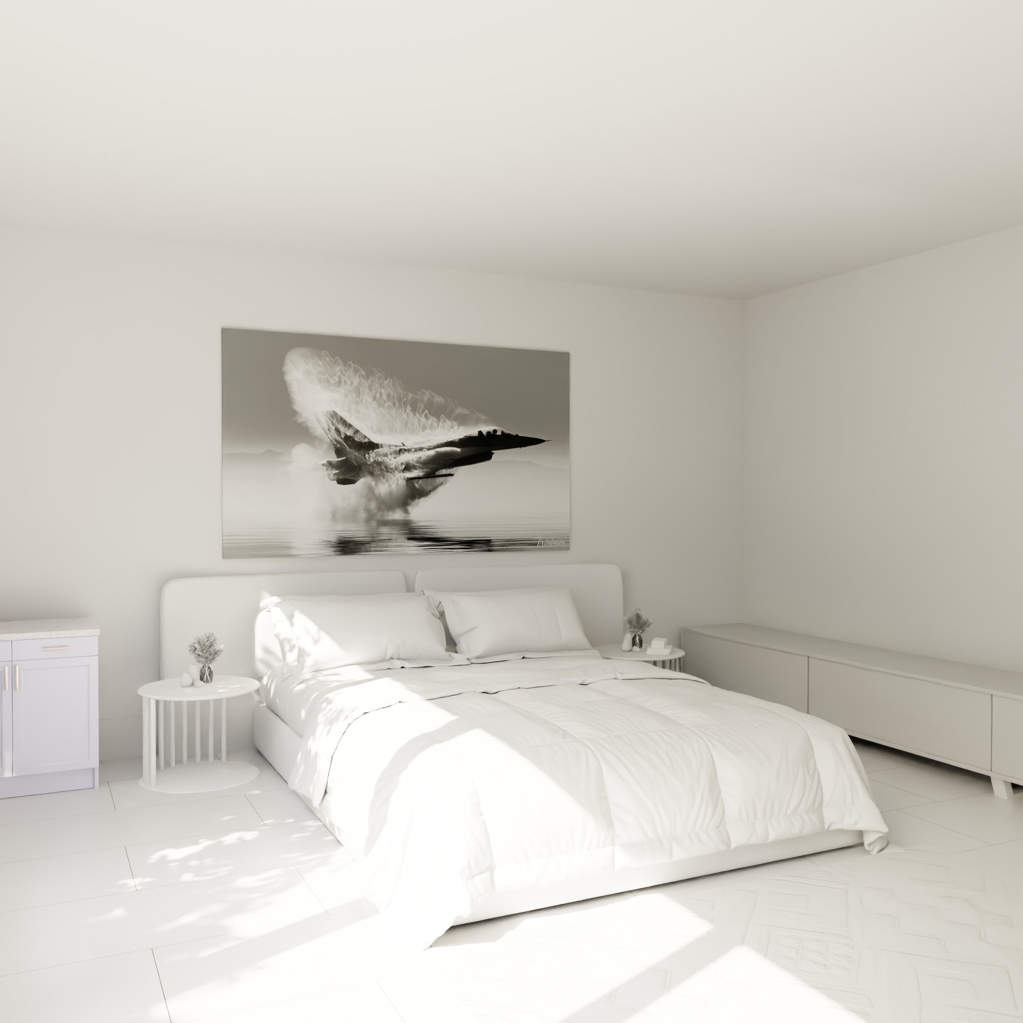 Chasseur gris et blanc traversant une vapeur intense, accroché au-dessus d'un lit dans une chambre claire