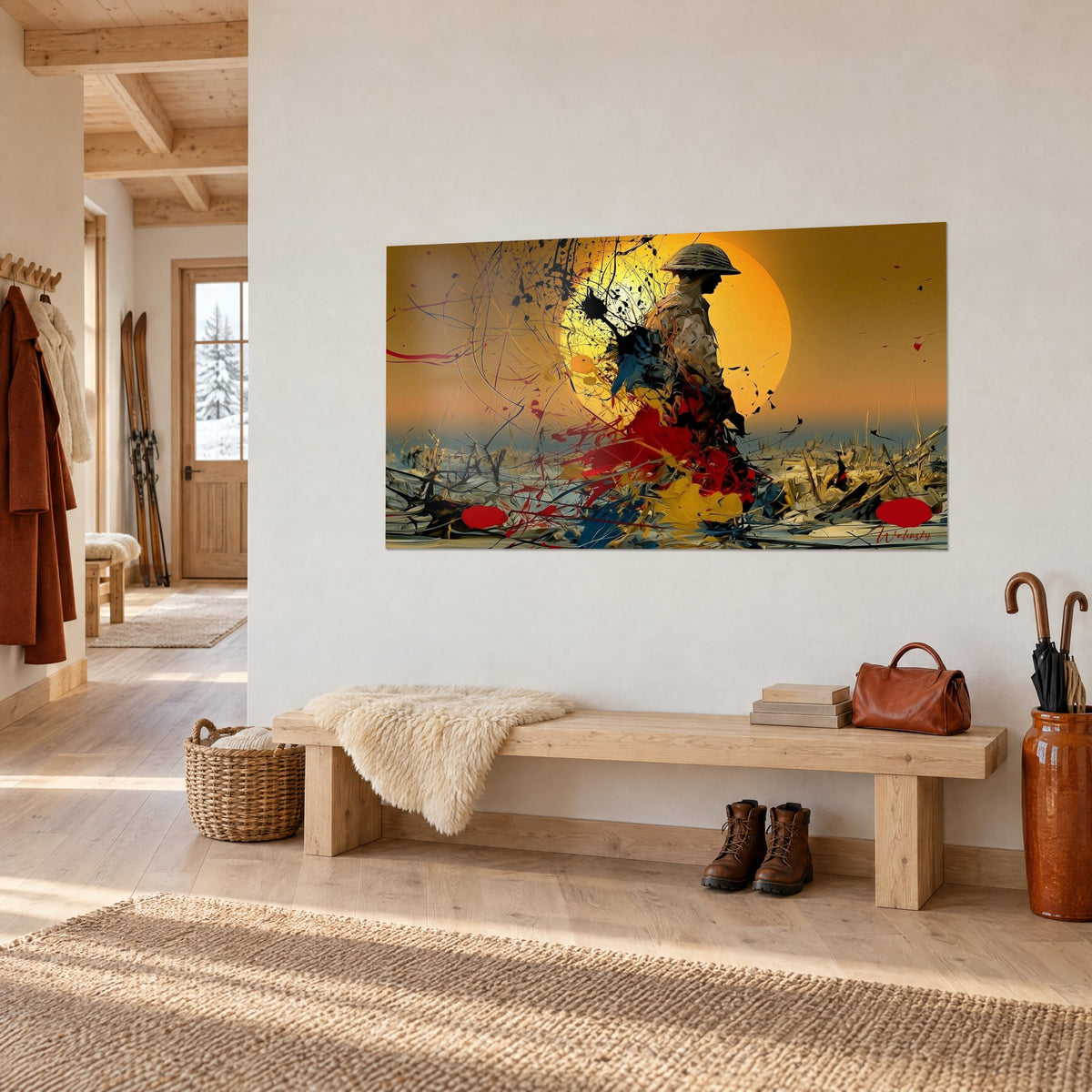 Tableau combattant au casque plat se découpant sur un disque doré, coulures rouge vif et bleu, accroché dans l'entrée d'un chalet