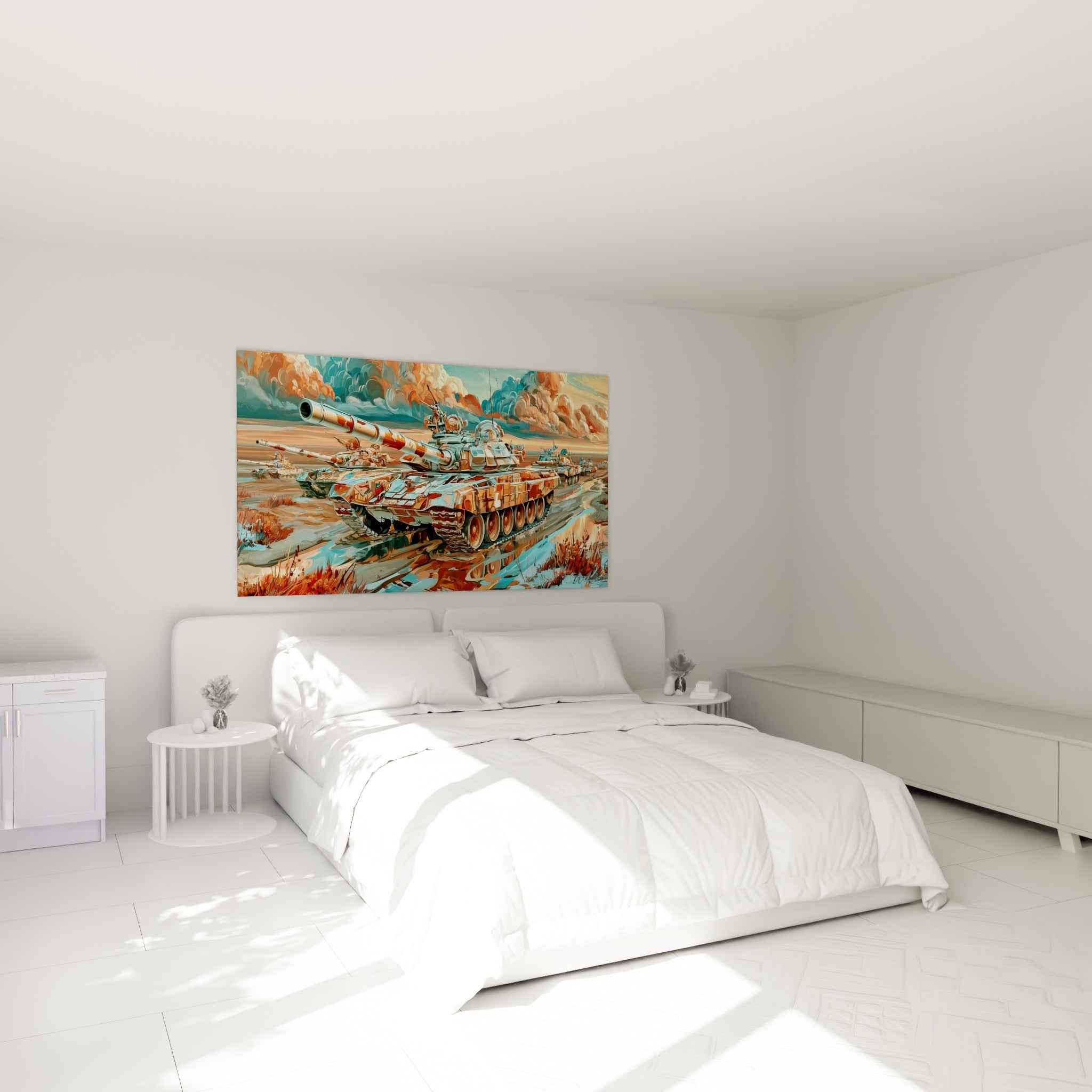 Convoi de blindés terracotta et bleu turquoise au-dessus d'un lit dans une chambre claire