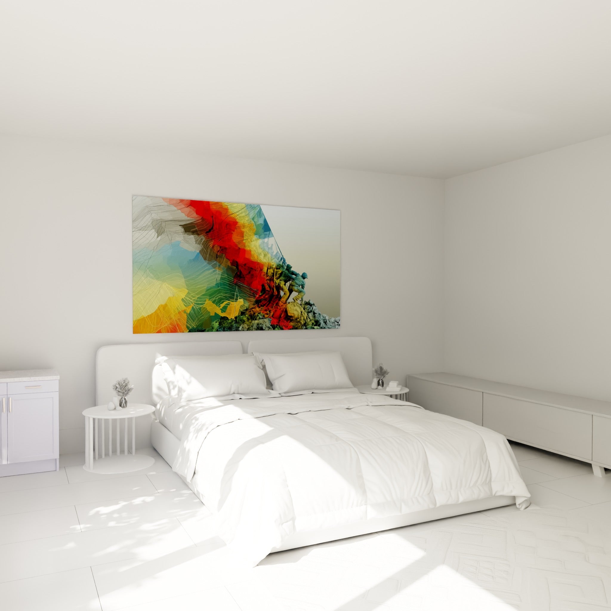 Silhouettes hissant un drapeau, tons rouge et ocre, au-dessus d'un lit dans une chambre claire
