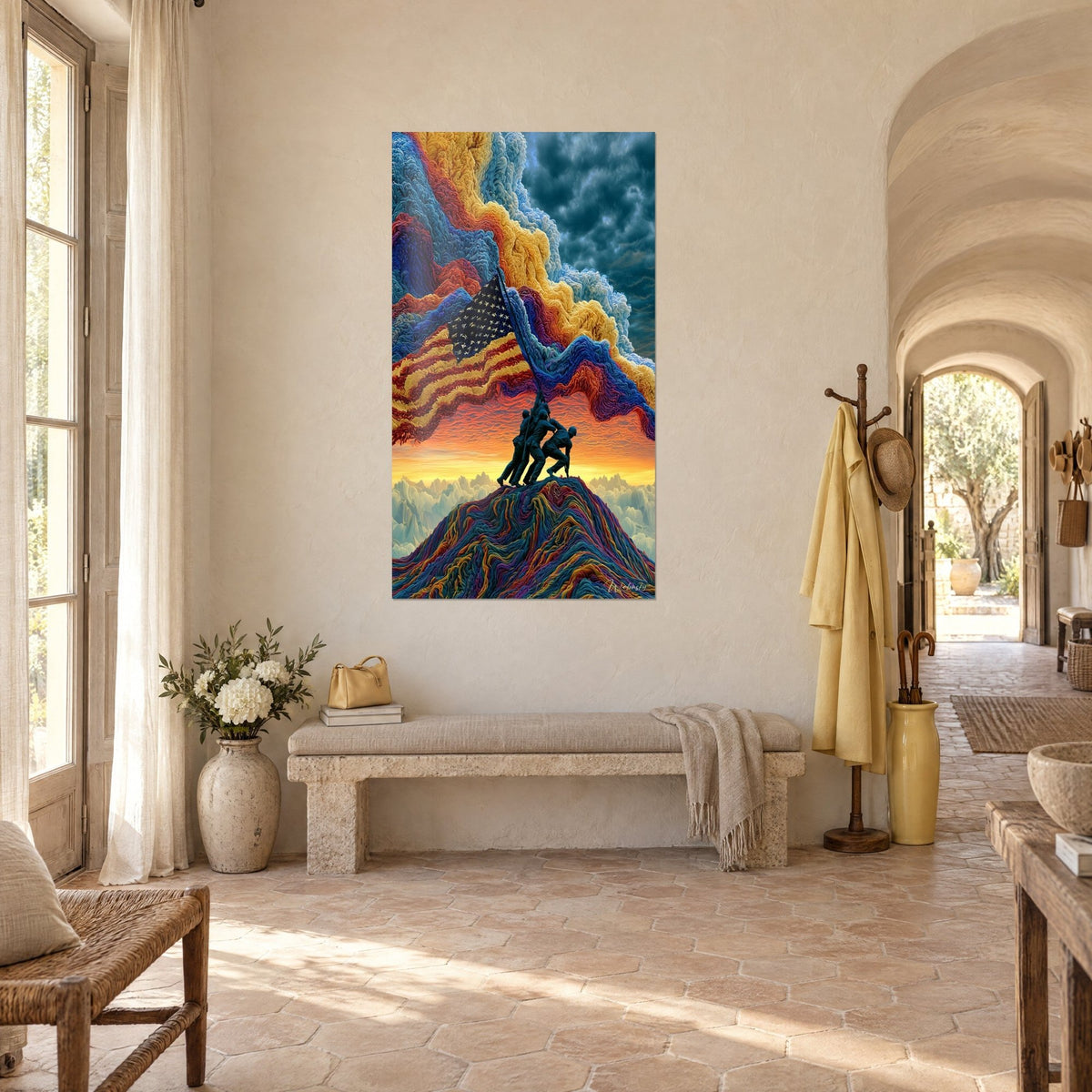 Wall art psychedelic Iwo Jima, cobalt blue and ochre clouds, orange sky, in the vaulted entrance of a Provençal farmhouse