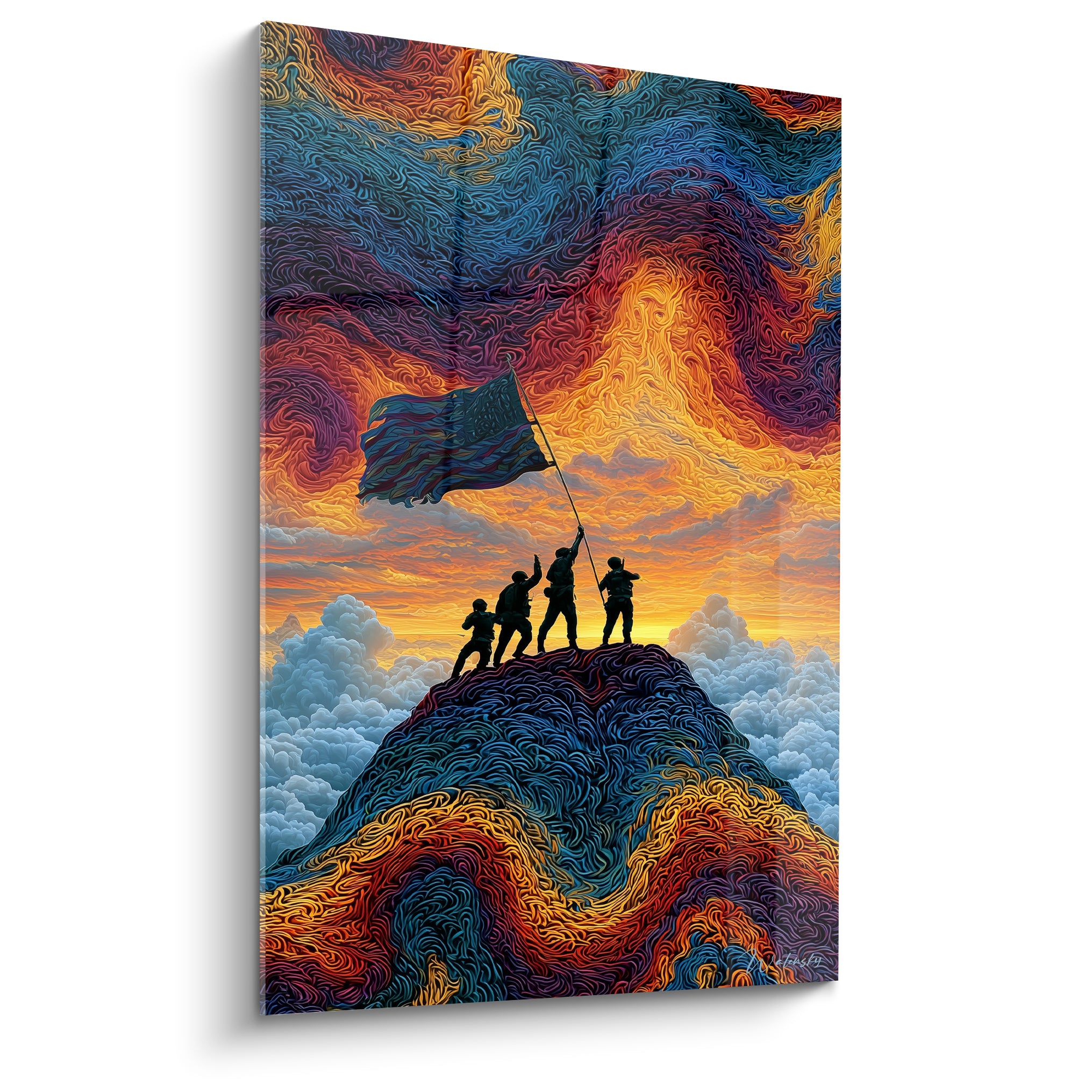 Silhouettes militaires hissant un drapeau, tourbillons orange et bleu marine au sommet rocheux