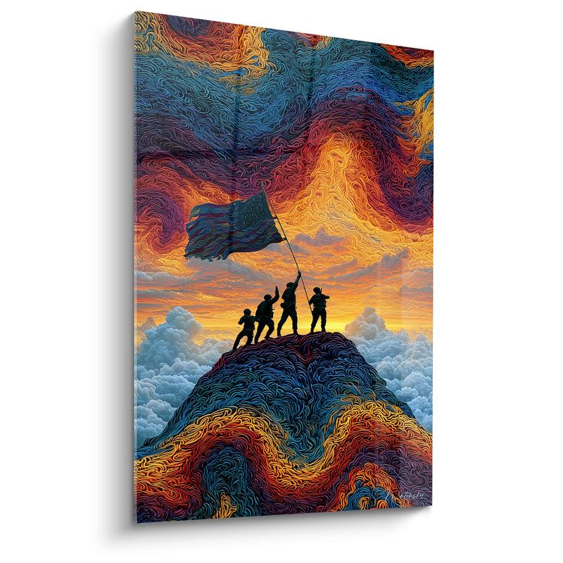 Tableau Soldats drapeau bleu et orange sur nuages tourbillonnants - Silhouettes au sommet - Edition Militaire