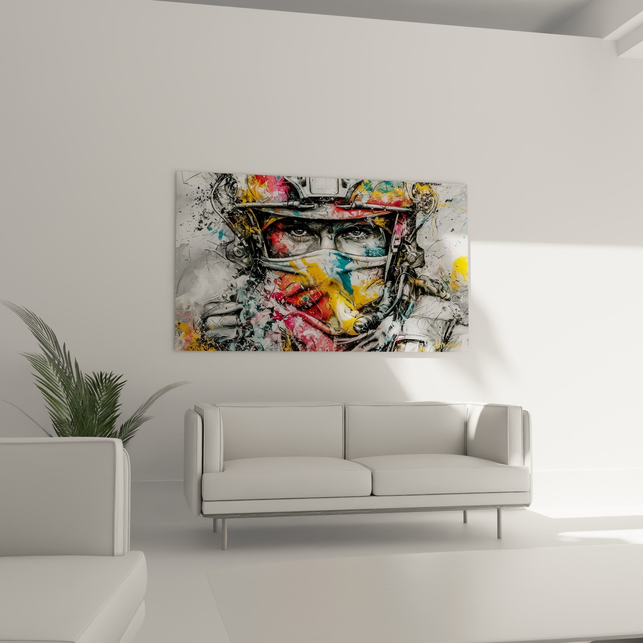 Visage de soldat entouré de projections colorées rouge et turquoise, au-dessus d'un canapé dans un salon lumineux