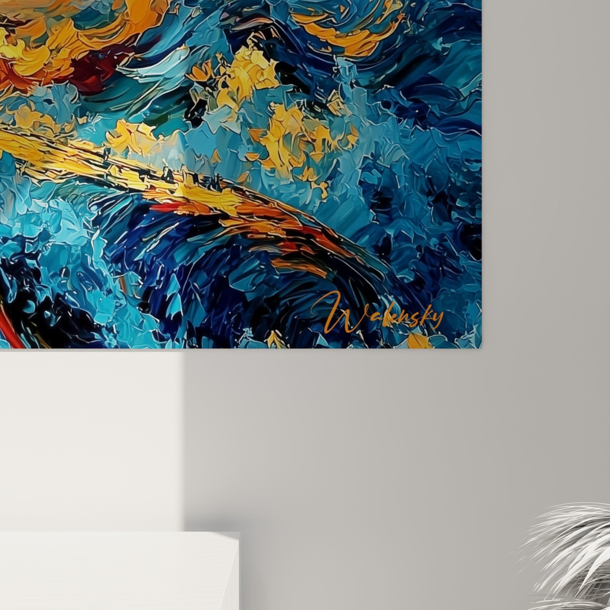 Empâtements épais mêlant bleu turquoise et orange doré, matière texturée visible sur cette œuvre navale