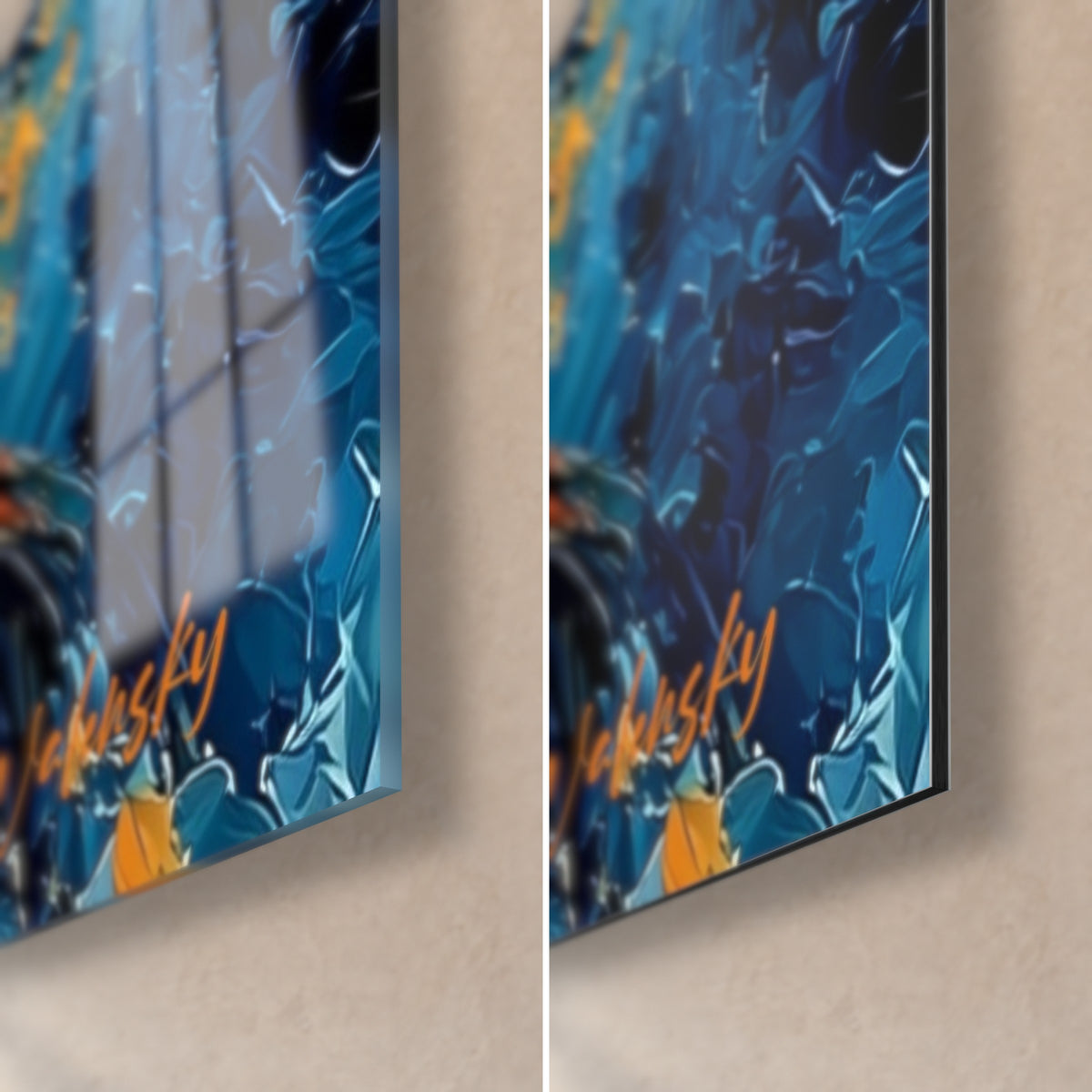 Schilderij van een onderzeeër geschilderd met een paletmes, rechterbenedenhoek, glanzend blauw en oranje glas links, mat Dibond rechts, 3 mm rand